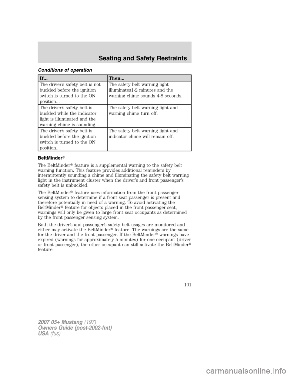 FORD MUSTANG 2007 5.G Owners Manual Conditions of operation
If... Then...
The driver’s safety belt is not
buckled before the ignition
switch is turned to the ON
position...The safety belt warning light
illuminates1-2 minutes and the
w FORD MUSTANG 2007 5.G Owners Manual Conditions of operation
If... Then...
The driver’s safety belt is not
buckled before the ignition
switch is turned to the ON
position...The safety belt warning light
illuminates1-2 minutes and the
w