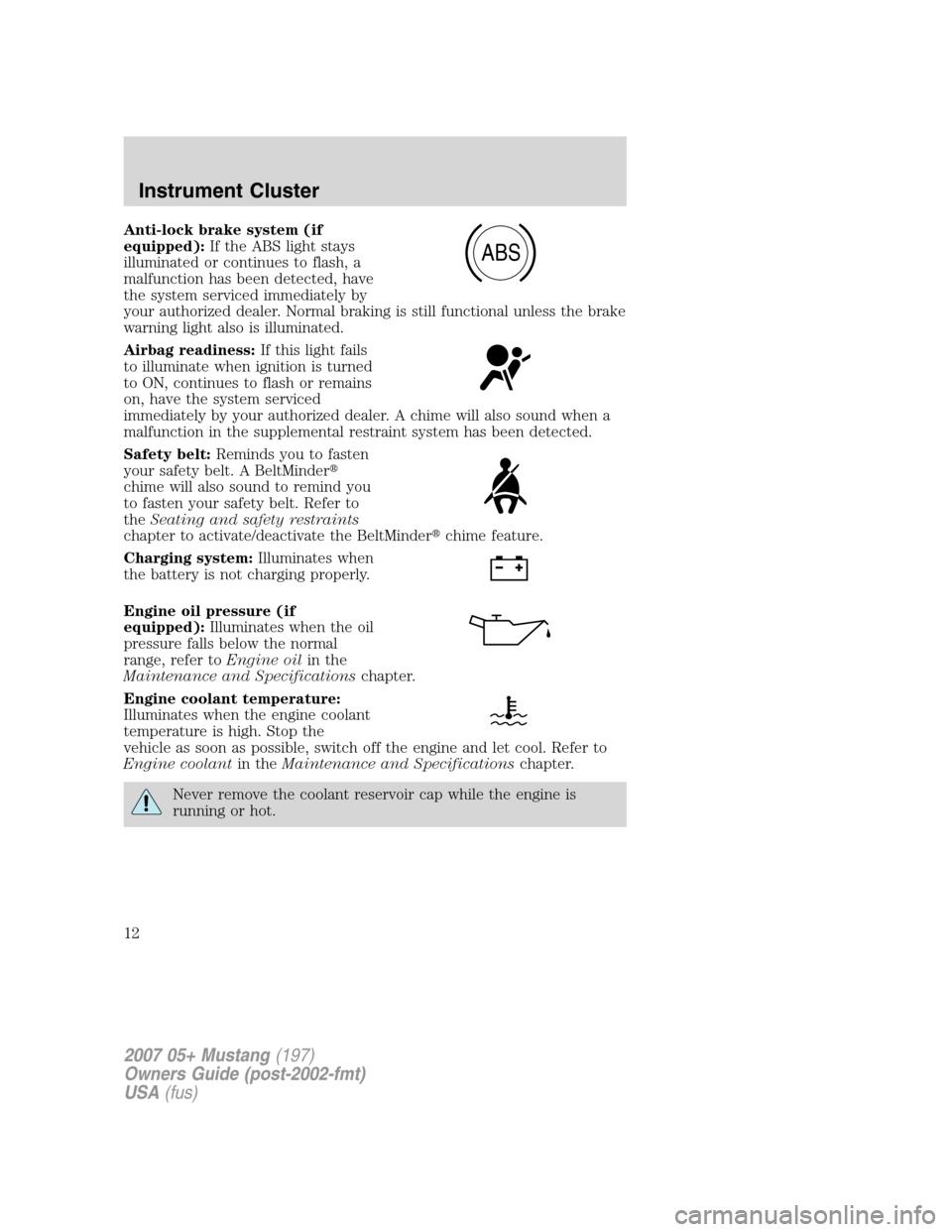 FORD MUSTANG 2007 5.G User Guide Anti-lock brake system (if
equipped):If the ABS light stays
illuminated or continues to flash, a
malfunction has been detected, have
the system serviced immediately by
your authorized dealer. Normal b