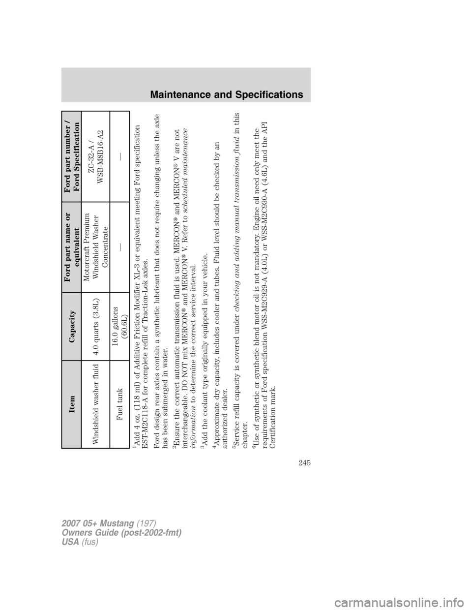 FORD MUSTANG 2007 5.G Owners Manual Item CapacityFord part name or
equivalentFord part number /
Ford Specification
Windshield washer fluid 4.0 quarts (3.8L)Motorcraft Premium
Windshield Washer
ConcentrateZC-32-A /
WSB-M8B16-A2
Fuel tank
