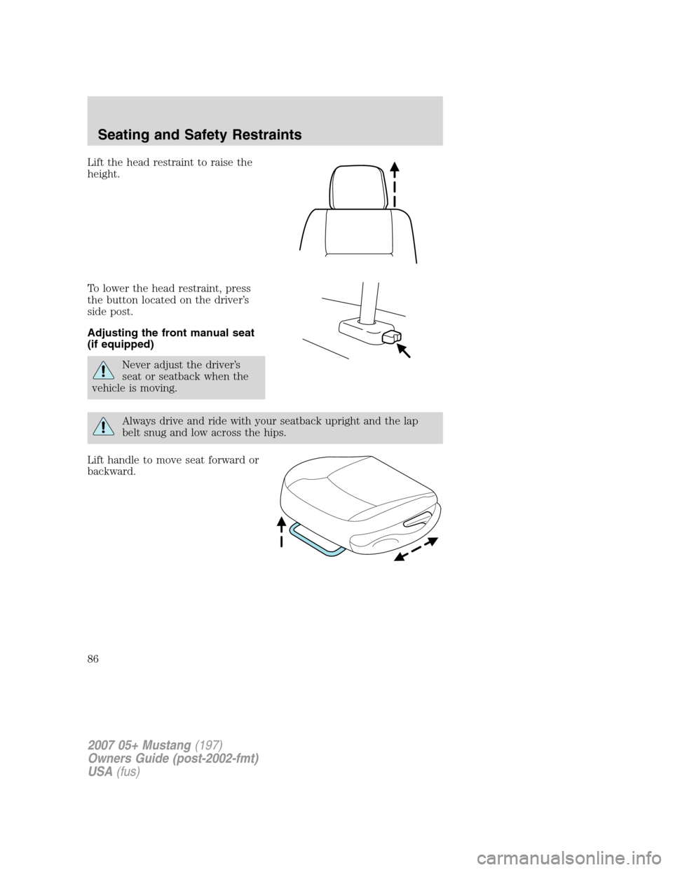 FORD MUSTANG 2007 5.G Manual Online Lift the head restraint to raise the
height.
To lower the head restraint, press
the button located on the driver’s
side post.
Adjusting the front manual seat
(if equipped)
Never adjust the driver’