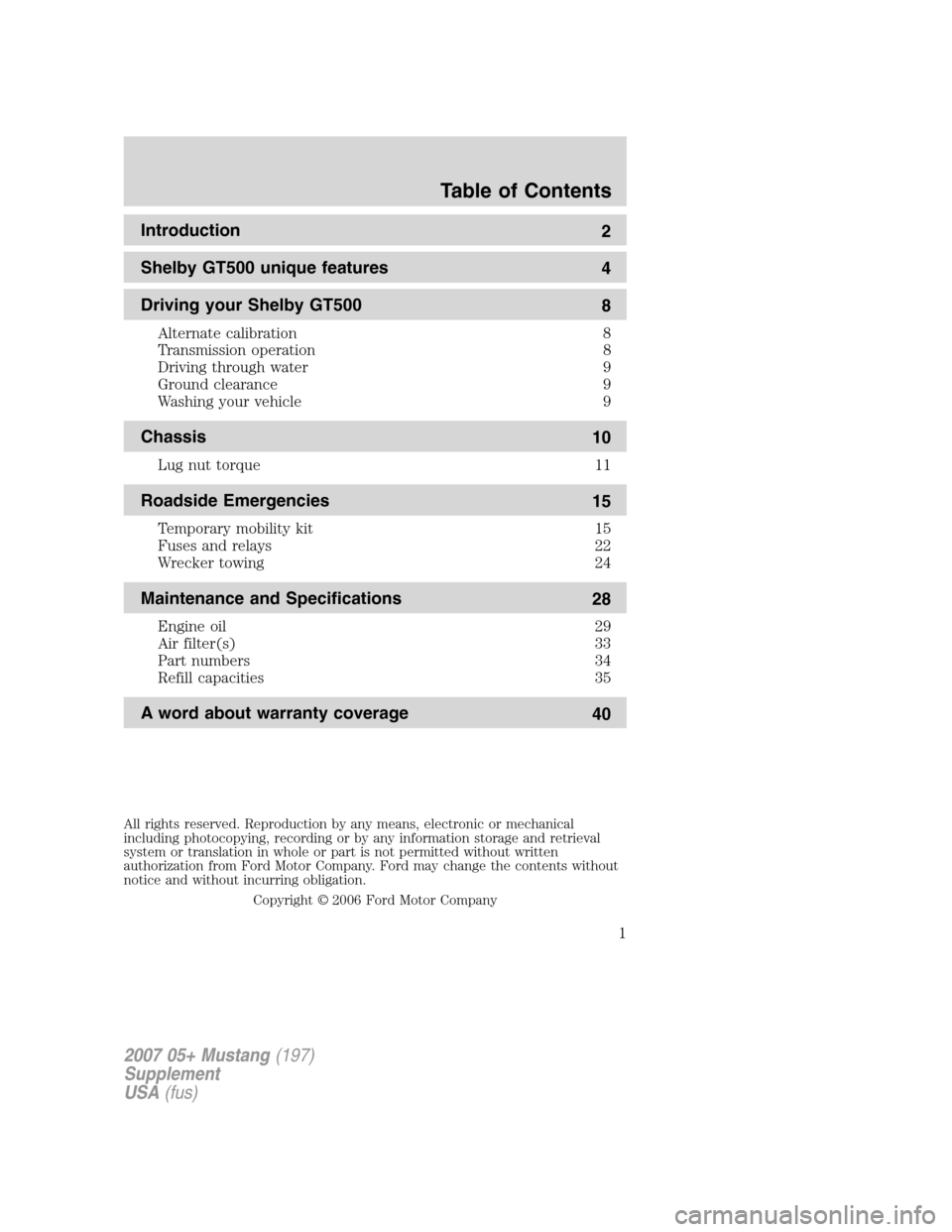 FORD MUSTANG 2007 5.G Shelby GT500 Supplement Manual 