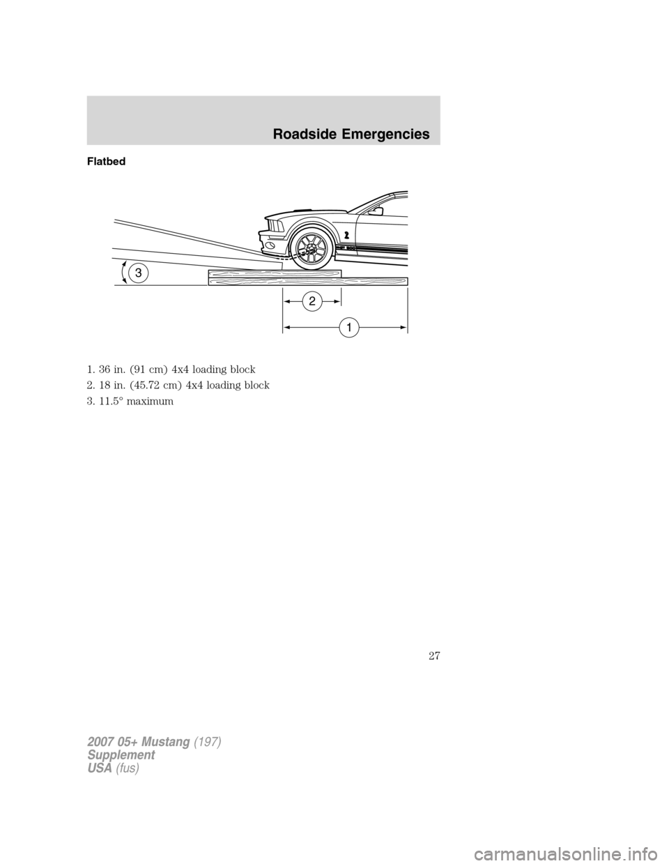 FORD MUSTANG 2007 5.G Shelby GT500 Supplement Manual Flatbed
1. 36 in. (91 cm) 4x4 loading block
2. 18 in. (45.72 cm) 4x4 loading block
3. 11.5° maximum
3
2
1
2007 05+ Mustang(197)
Supplement
USA(fus)
Roadside Emergencies
27 