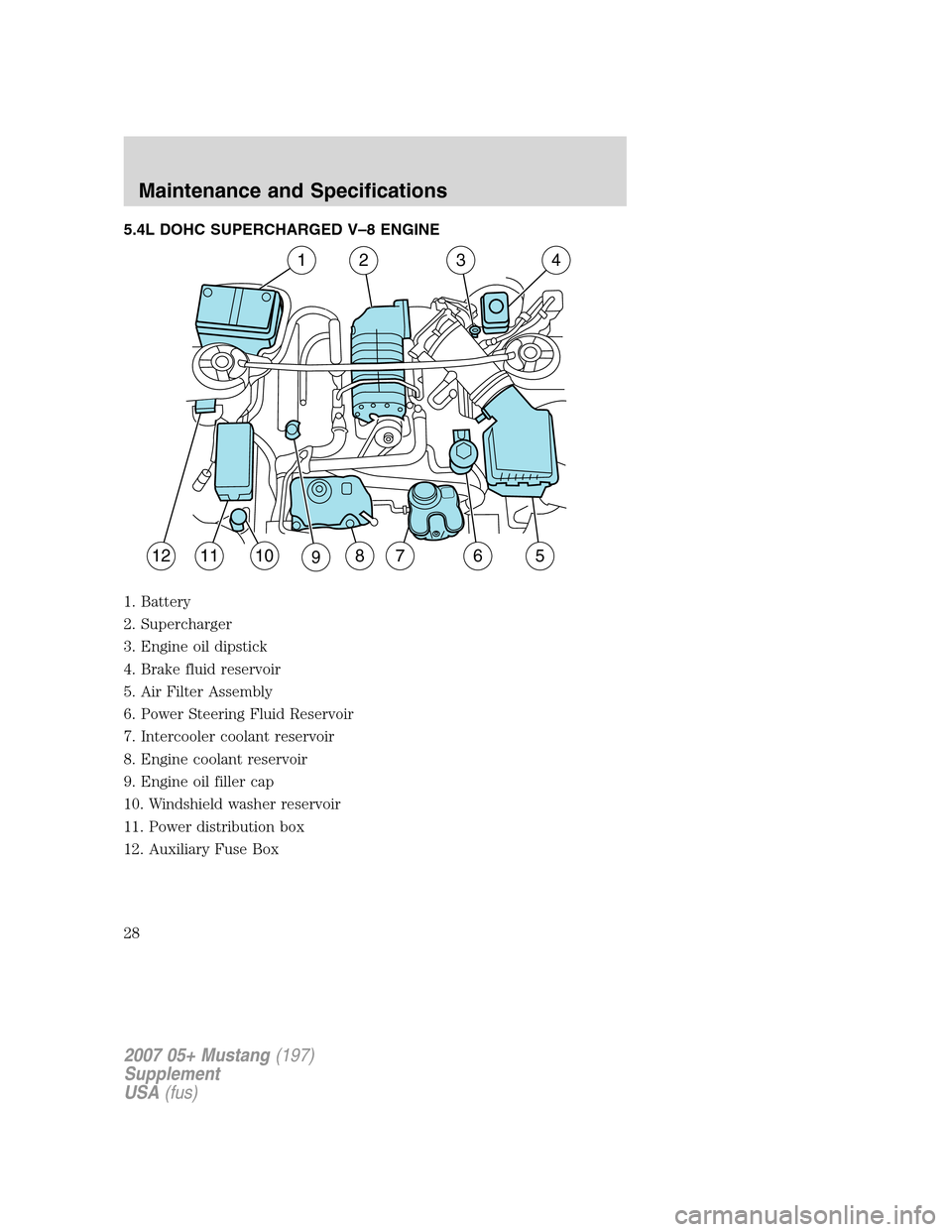 FORD MUSTANG 2007 5.G Shelby GT500 Supplement Manual 5.4L DOHC SUPERCHARGED V–8 ENGINE
1. Battery
2. Supercharger
3. Engine oil dipstick
4. Brake fluid reservoir
5. Air Filter Assembly
6. Power Steering Fluid Reservoir
7. Intercooler coolant reservoir