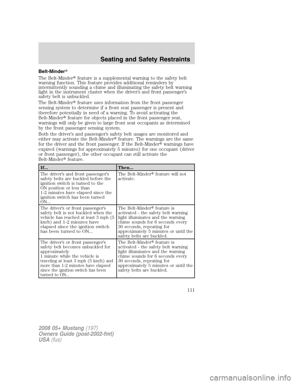 FORD MUSTANG 2008 5.G Owners Manual Belt-Minder
The Belt-Minderfeature is a supplemental warning to the safety belt
warning function. This feature provides additional reminders by
intermittently sounding a chime and illuminating the s
