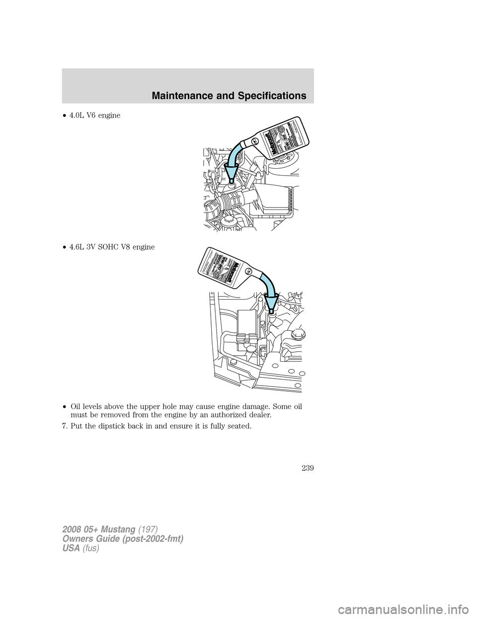 FORD MUSTANG 2008 5.G Owners Manual •4.0L V6 engine
•4.6L 3V SOHC V8 engine
•Oil levels above the upper hole may cause engine damage. Some oil
must be removed from the engine by an authorized dealer.
7. Put the dipstick back in an FORD MUSTANG 2008 5.G Owners Manual •4.0L V6 engine
•4.6L 3V SOHC V8 engine
•Oil levels above the upper hole may cause engine damage. Some oil
must be removed from the engine by an authorized dealer.
7. Put the dipstick back in an
