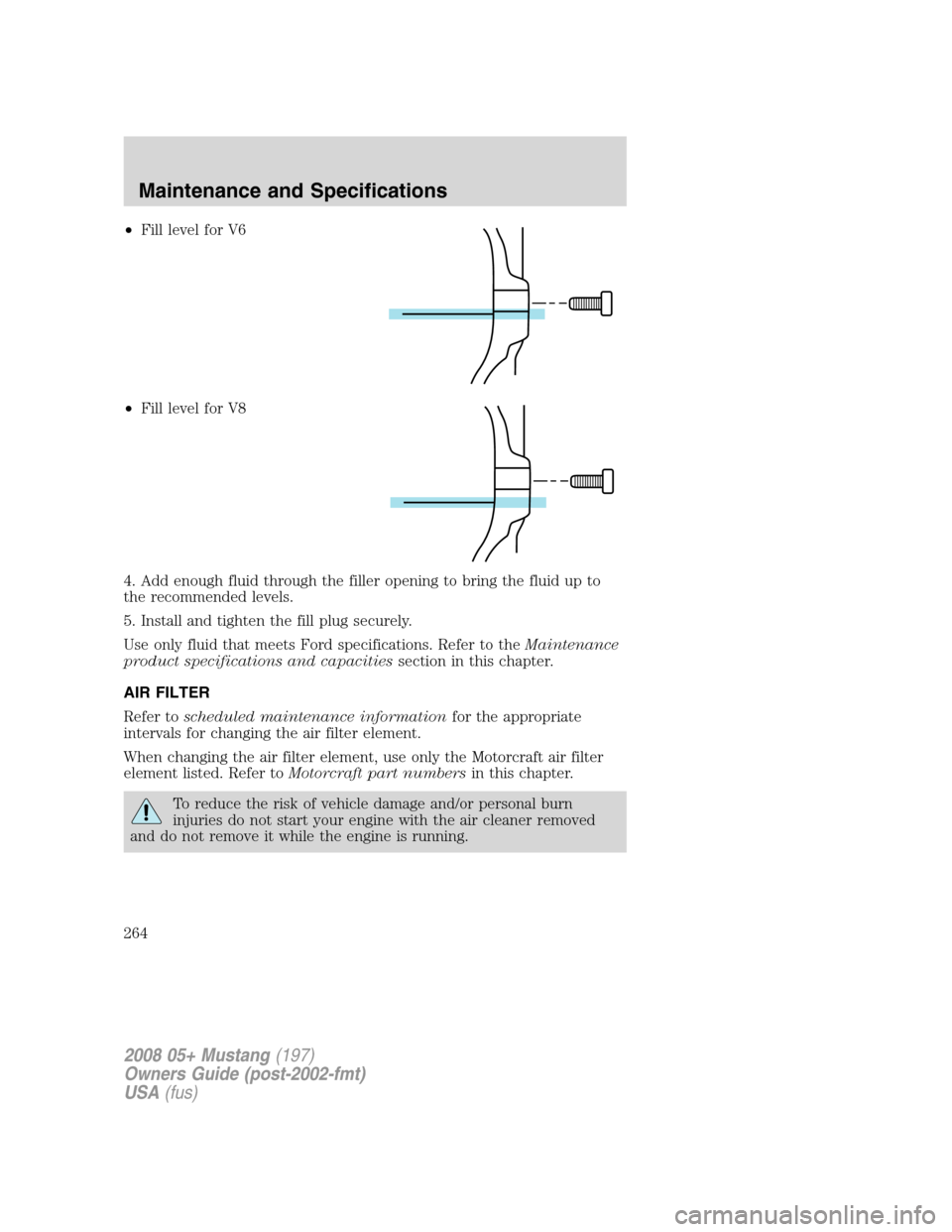 FORD MUSTANG 2008 5.G Owners Manual •Fill level for V6
•Fill level for V8
4. Add enough fluid through the filler opening to bring the fluid up to
the recommended levels.
5. Install and tighten the fill plug securely.
Use only fluid FORD MUSTANG 2008 5.G Owners Manual •Fill level for V6
•Fill level for V8
4. Add enough fluid through the filler opening to bring the fluid up to
the recommended levels.
5. Install and tighten the fill plug securely.
Use only fluid