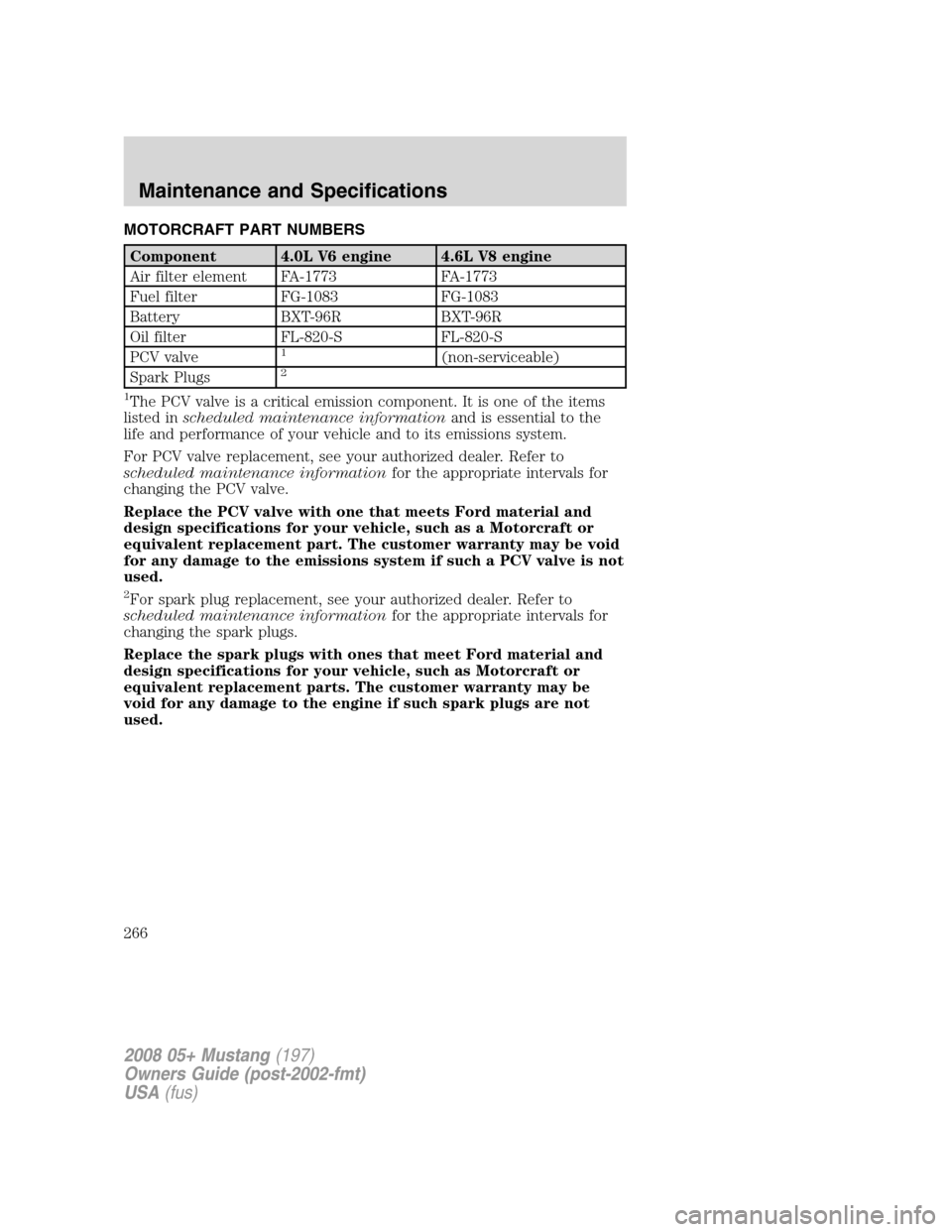 FORD MUSTANG 2008 5.G Owners Manual MOTORCRAFT PART NUMBERS
Component 4.0L V6 engine 4.6L V8 engine
Air filter element FA-1773 FA-1773
Fuel filter FG-1083 FG-1083
Battery BXT-96R BXT-96R
Oil filter FL-820-S FL-820-S
PCV valve
1(non-serv