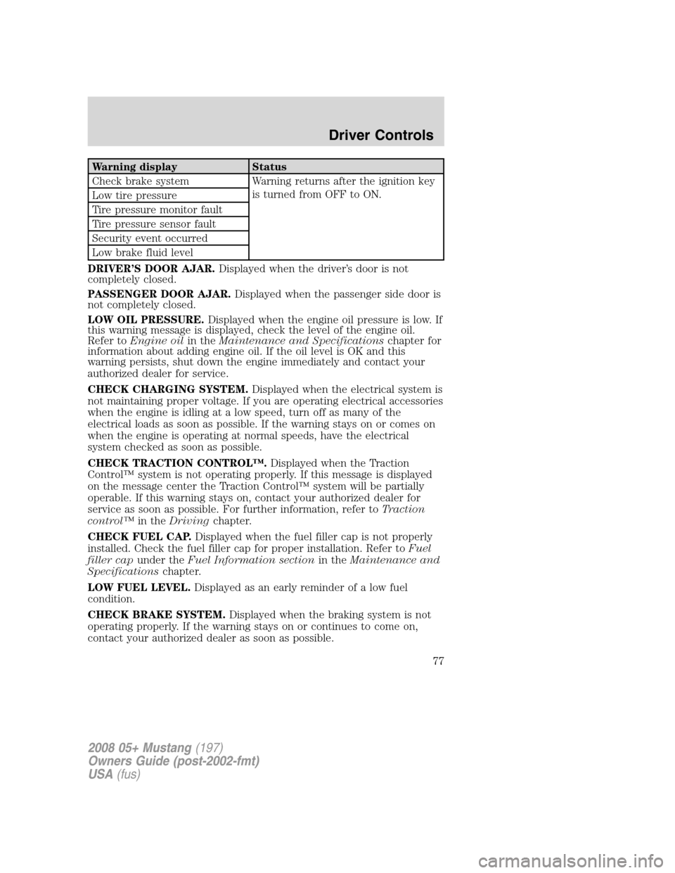 FORD MUSTANG 2008 5.G Owners Manual Warning display Status
Check brake system Warning returns after the ignition key
is turned from OFF to ON.
Low tire pressure
Tire pressure monitor fault
Tire pressure sensor fault
Security event occur