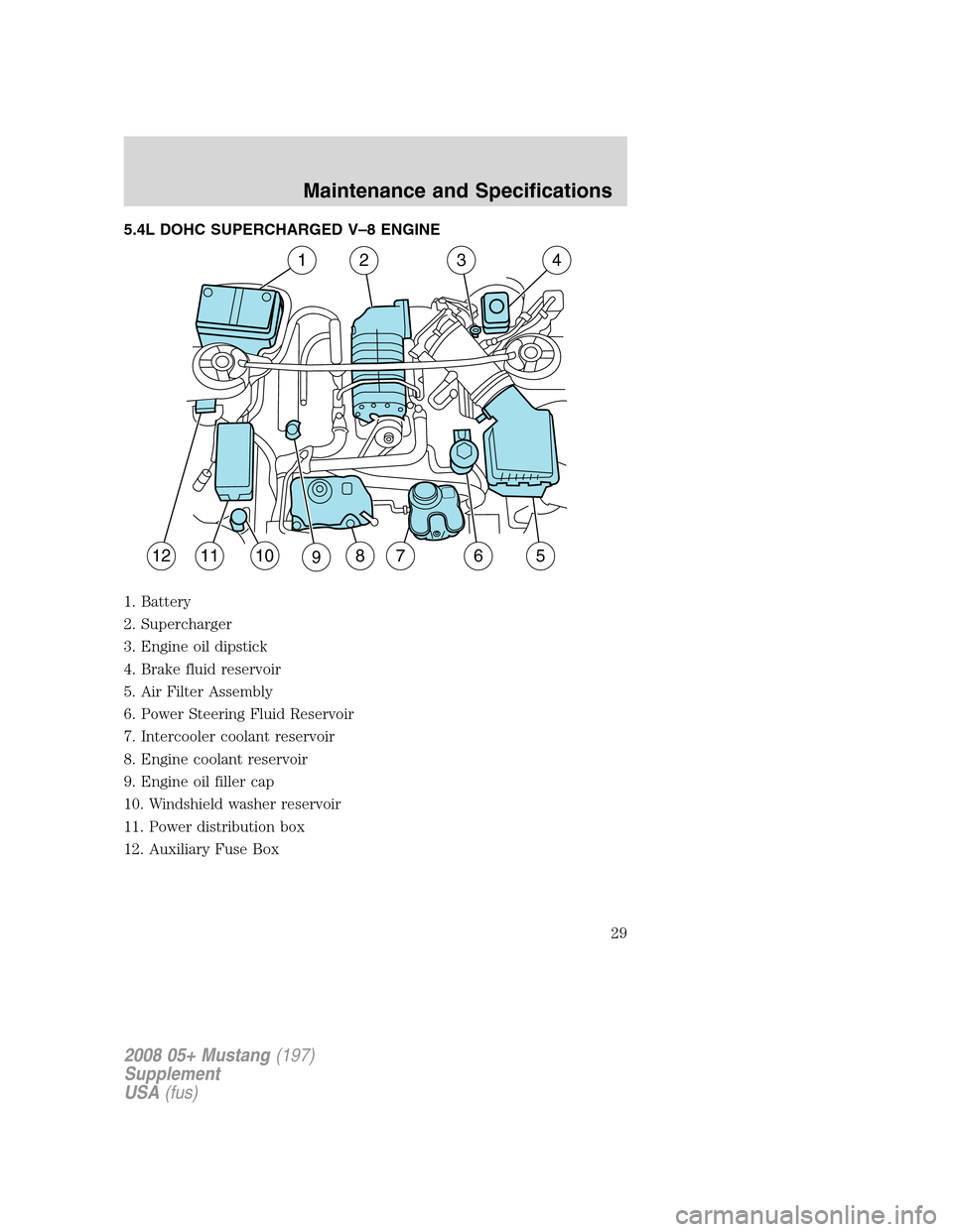 FORD MUSTANG 2008 5.G Shelby GT500 Supplement Manual 5.4L DOHC SUPERCHARGED V–8 ENGINE
1. Battery
2. Supercharger
3. Engine oil dipstick
4. Brake fluid reservoir
5. Air Filter Assembly
6. Power Steering Fluid Reservoir
7. Intercooler coolant reservoir