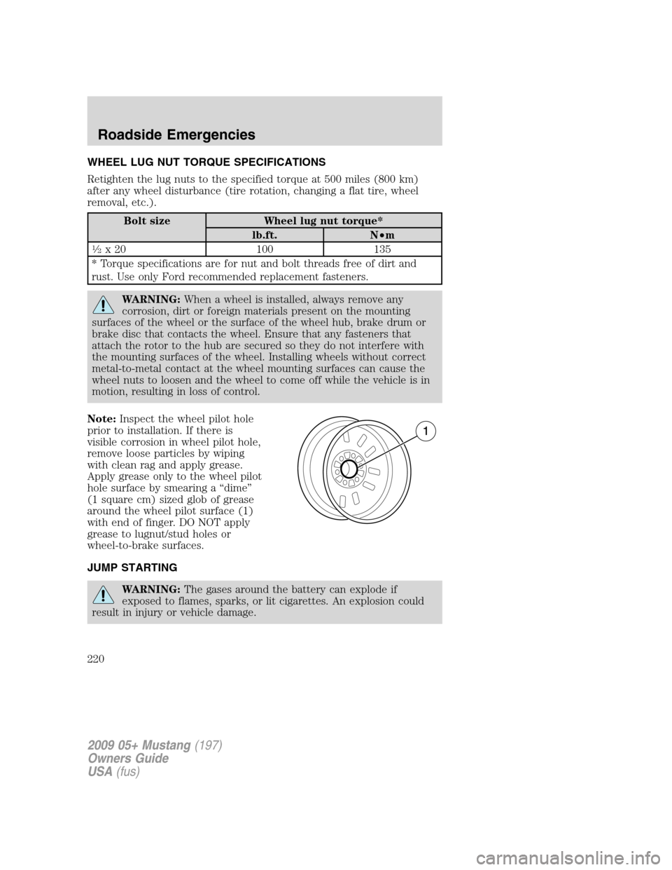 FORD MUSTANG 2009 5.G Owners Manual WHEEL LUG NUT TORQUE SPECIFICATIONS
Retighten the lug nuts to the specified torque at 500 miles (800 km)
after any wheel disturbance (tire rotation, changing a flat tire, wheel
removal, etc.).
Bolt si