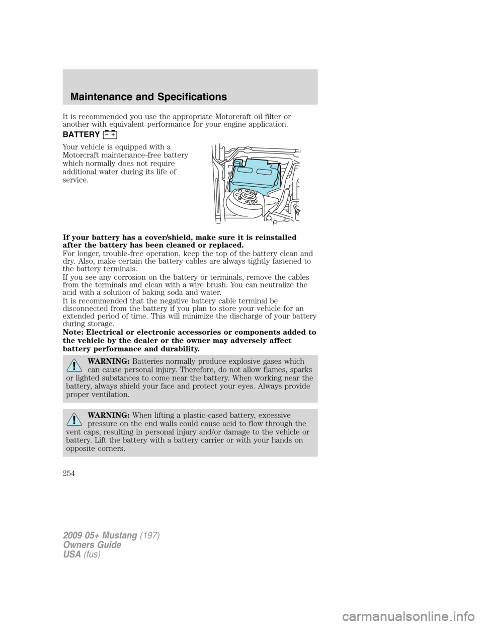 FORD MUSTANG 2009 5.G Owners Manual It is recommended you use the appropriate Motorcraft oil filter or
another with equivalent performance for your engine application.
BATTERY
Your vehicle is equipped with a
Motorcraft maintenance-free FORD MUSTANG 2009 5.G Owners Manual It is recommended you use the appropriate Motorcraft oil filter or
another with equivalent performance for your engine application.
BATTERY
Your vehicle is equipped with a
Motorcraft maintenance-free
