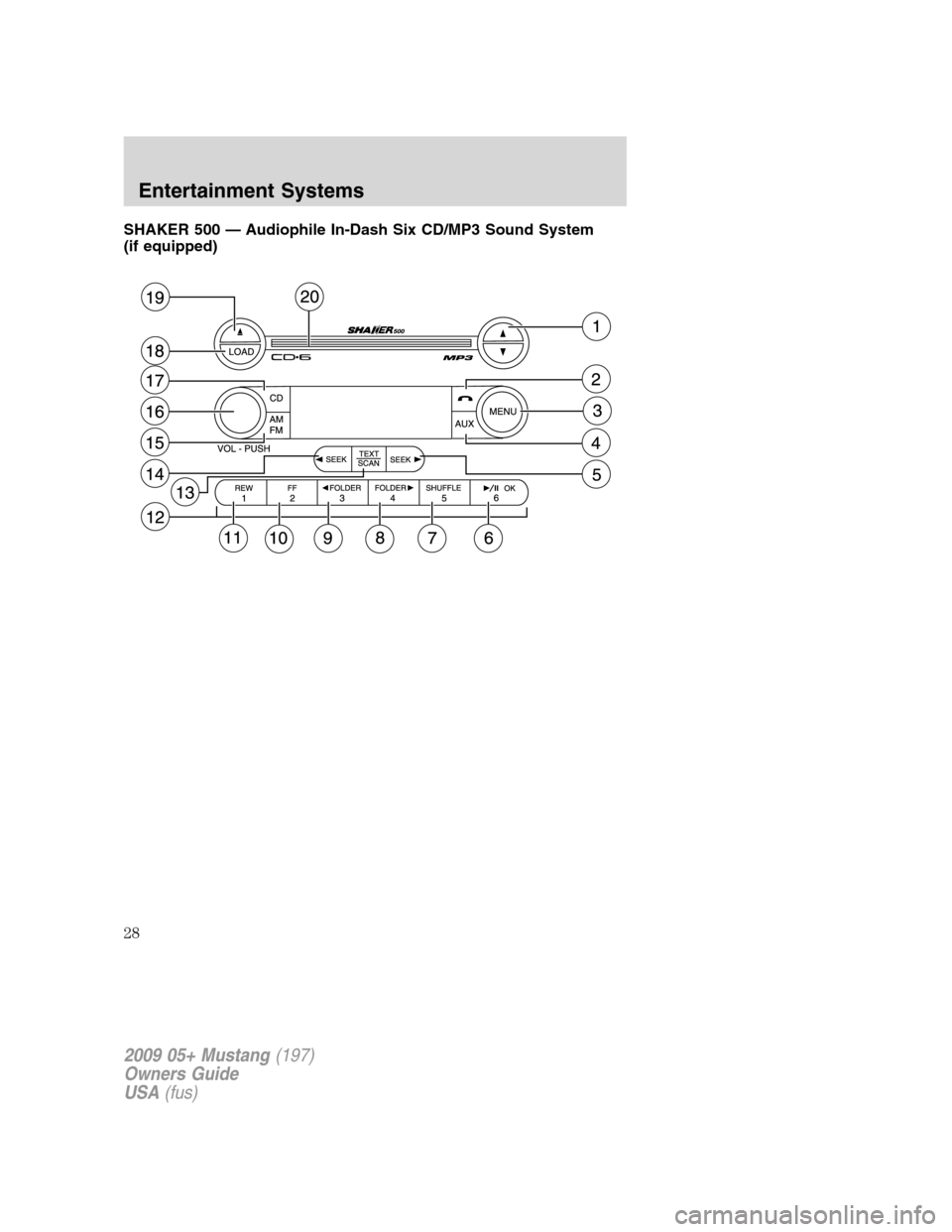 FORD MUSTANG 2009 5.G Owners Manual SHAKER 500 — Audiophile In-Dash Six CD/MP3 Sound System
(if equipped)
2009 05+ Mustang(197)
Owners Guide
USA(fus)
Entertainment Systems
28 FORD MUSTANG 2009 5.G Owners Manual SHAKER 500 — Audiophile In-Dash Six CD/MP3 Sound System
(if equipped)
2009 05+ Mustang(197)
Owners Guide
USA(fus)
Entertainment Systems
28
