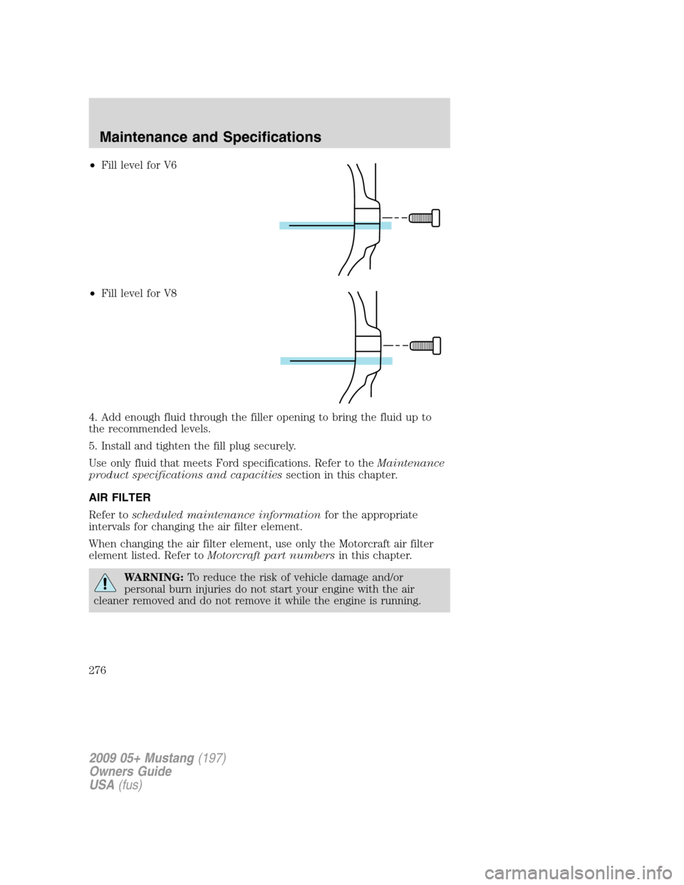 FORD MUSTANG 2009 5.G Owners Manual •Fill level for V6
•Fill level for V8
4. Add enough fluid through the filler opening to bring the fluid up to
the recommended levels.
5. Install and tighten the fill plug securely.
Use only fluid 