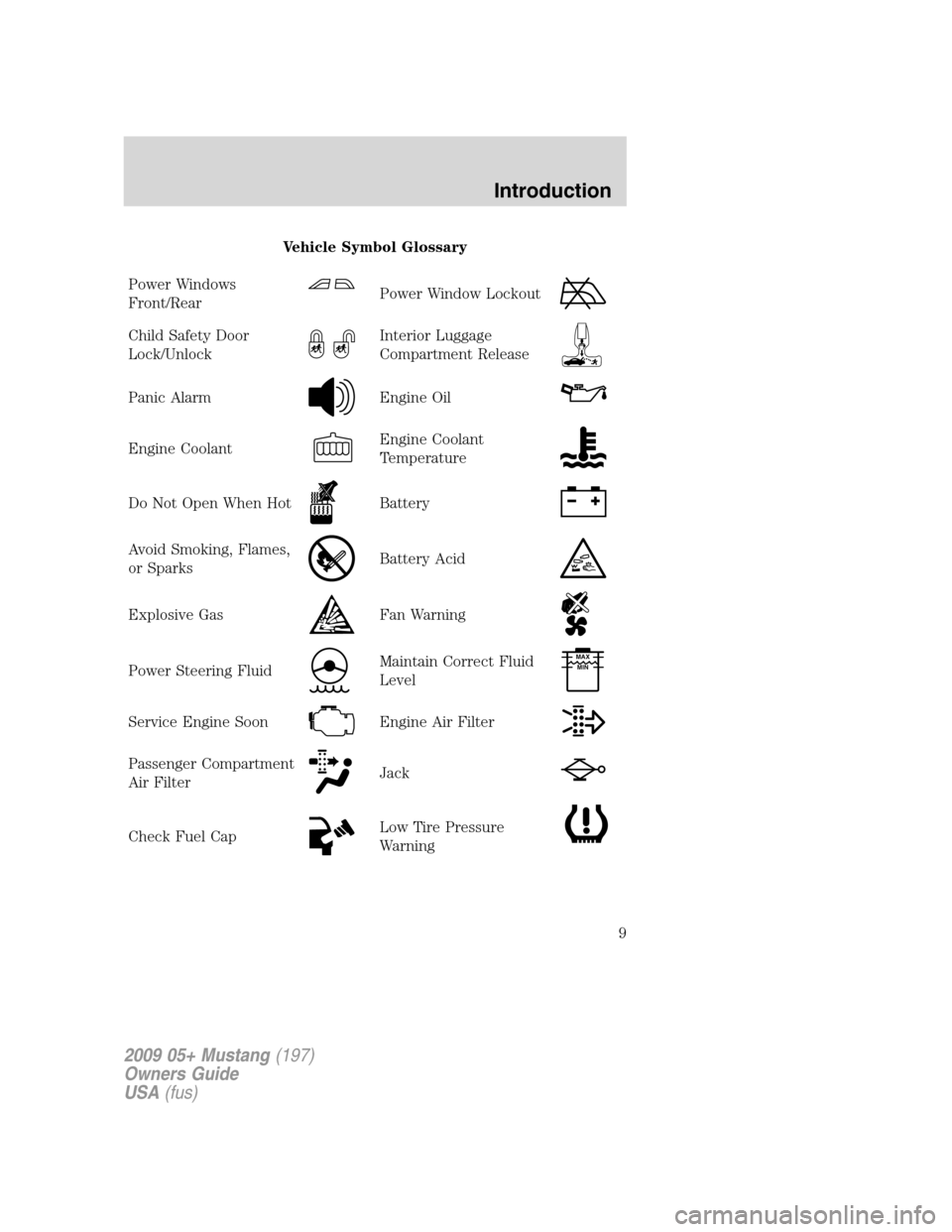 FORD MUSTANG 2009 5.G Owners Manual Vehicle Symbol Glossary
Power Windows
Front/Rear
Power Window Lockout
Child Safety Door
Lock/UnlockInterior Luggage
Compartment Release
Panic AlarmEngine Oil
Engine CoolantEngine Coolant
Temperature
D