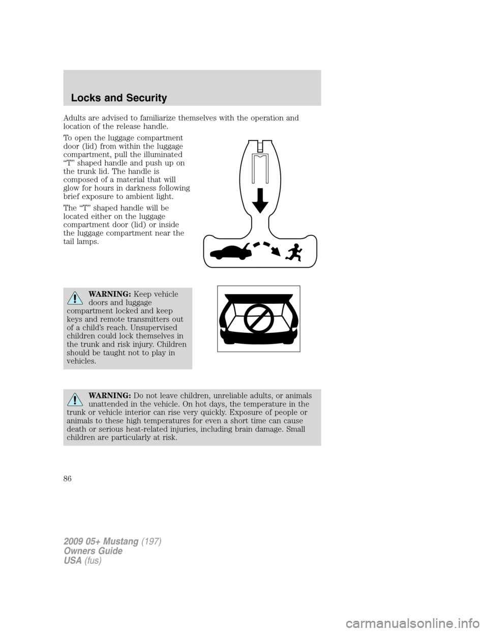 FORD MUSTANG 2009 5.G Manual Online Adults are advised to familiarize themselves with the operation and
location of the release handle.
To open the luggage compartment
door (lid) from within the luggage
compartment, pull the illuminated FORD MUSTANG 2009 5.G Manual Online Adults are advised to familiarize themselves with the operation and
location of the release handle.
To open the luggage compartment
door (lid) from within the luggage
compartment, pull the illuminated