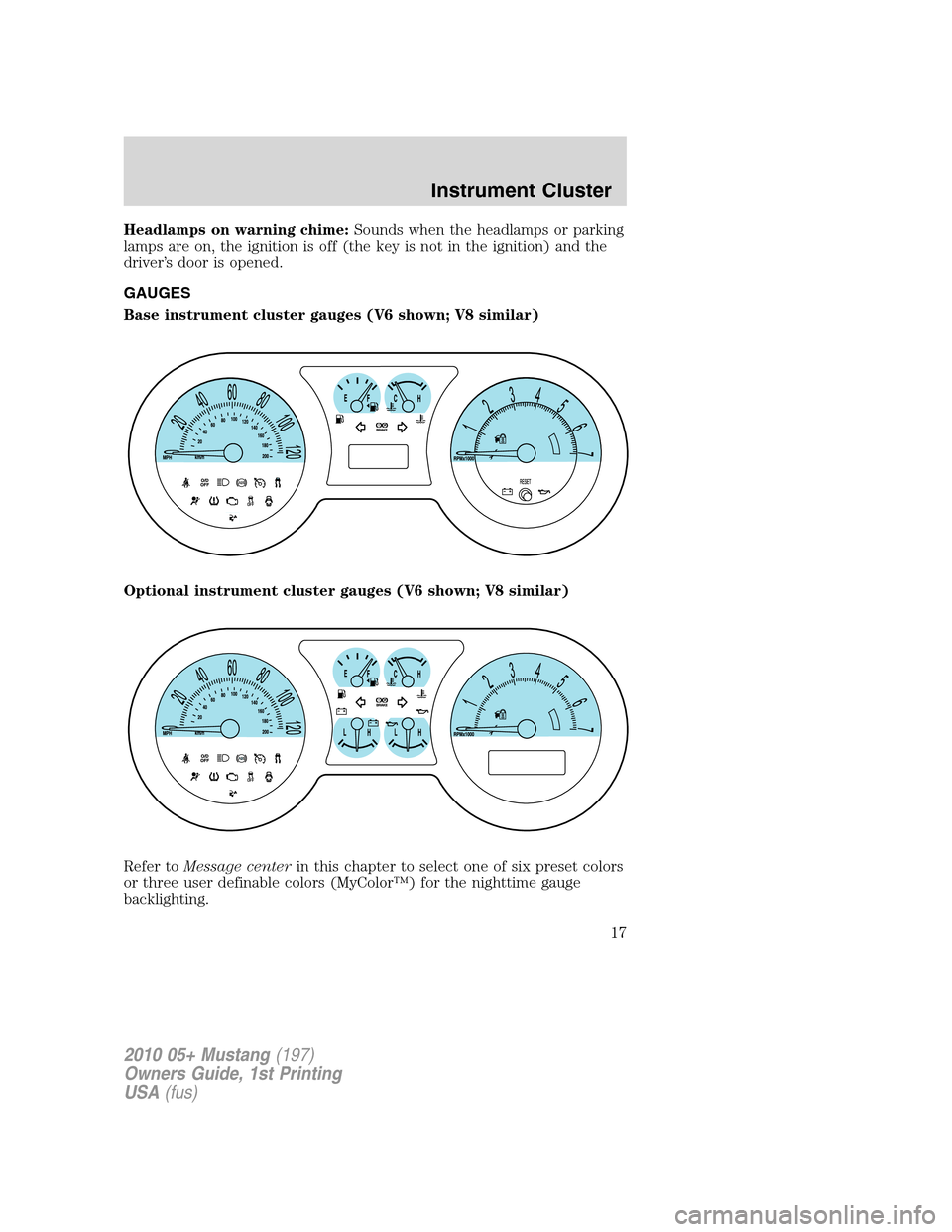 FORD MUSTANG 2010 5.G Owners Manual Headlamps on warning chime:Sounds when the headlamps or parking
lamps are on, the ignition is off (the key is not in the ignition) and the
driver’s door is opened.
GAUGES
Base instrument cluster gau