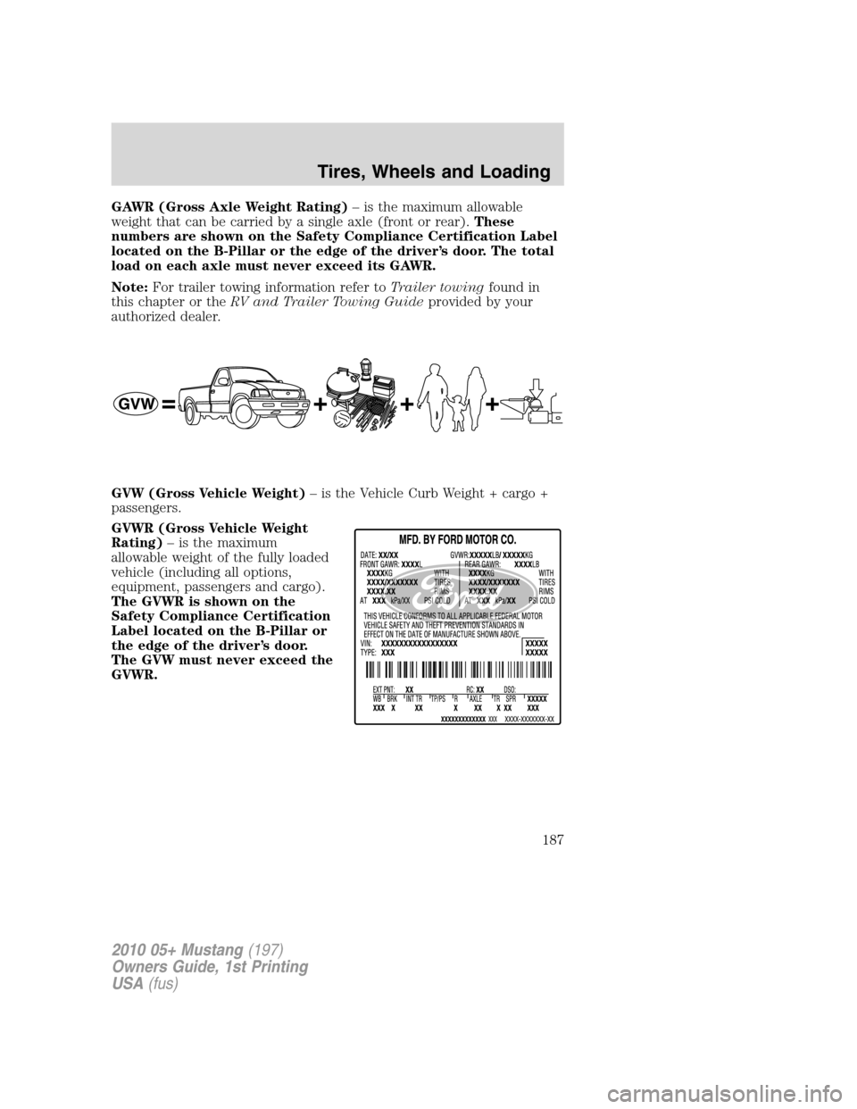 FORD MUSTANG 2010 5.G Owners Manual GAWR (Gross Axle Weight Rating)– is the maximum allowable
weight that can be carried by a single axle (front or rear).These
numbers are shown on the Safety Compliance Certification Label
located on 