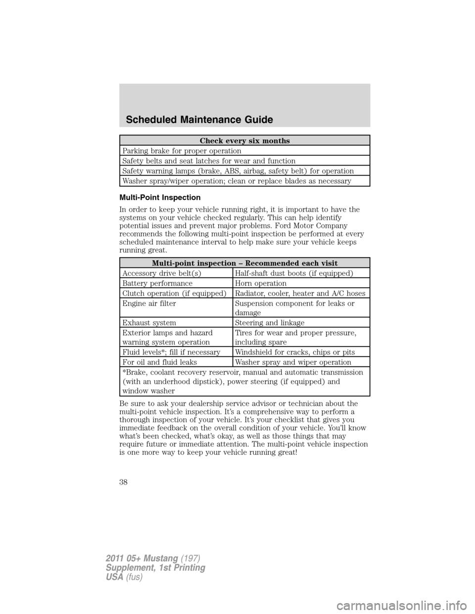 FORD MUSTANG 2011 5.G Shelby GT500 Supplement Manual Check every six months
Parking brake for proper operation
Safety belts and seat latches for wear and function
Safety warning lamps (brake, ABS, airbag, safety belt) for operation
Washer spray/wiper op