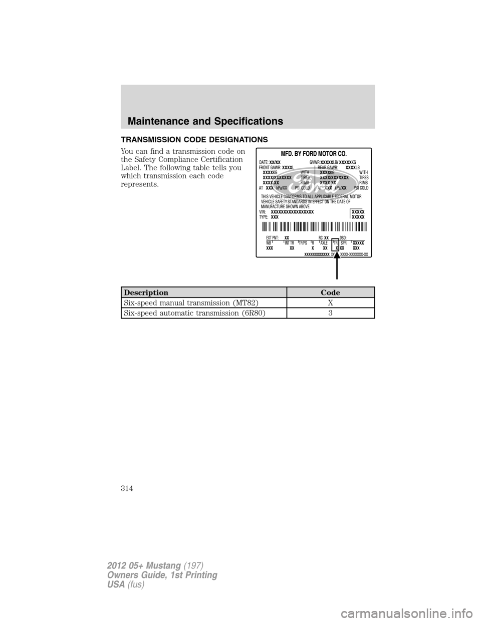 FORD MUSTANG 2012 5.G Owners Manual TRANSMISSION CODE DESIGNATIONS
You can find a transmission code on
the Safety Compliance Certification
Label. The following table tells you
which transmission each code
represents.
Description Code
Si FORD MUSTANG 2012 5.G Owners Manual TRANSMISSION CODE DESIGNATIONS
You can find a transmission code on
the Safety Compliance Certification
Label. The following table tells you
which transmission each code
represents.
Description Code
Si
