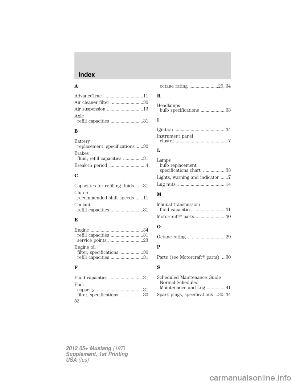 FORD MUSTANG 2012 5.G Shelby GT500 Supplement Manual A
AdvanceTrac ................................11
Air cleaner filter .........................30
Air suspension .............................13
Axle
refill capacities ..........................31
B
Bat
