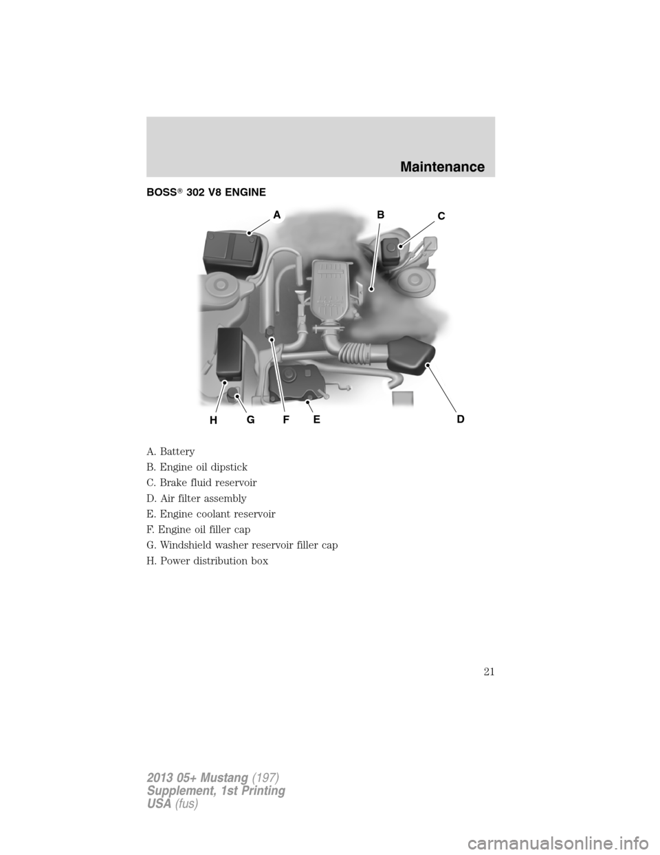 FORD MUSTANG 2013 5.G Boss 302 Supplement Manual BOSS302 V8 ENGINE
A. Battery
B. Engine oil dipstick
C. Brake fluid reservoir
D. Air filter assembly
E. Engine coolant reservoir
F. Engine oil filler cap
G. Windshield washer reservoir filler cap
H. P