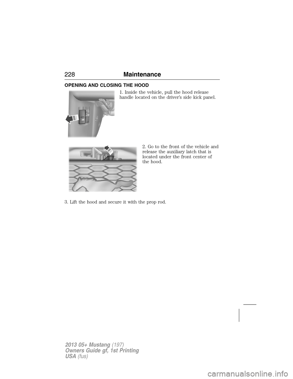 FORD MUSTANG 2013 5.G Owners Manual OPENING AND CLOSING THE HOOD
1. Inside the vehicle, pull the hood release
handle located on the driver’s side kick panel.
2. Go to the front of the vehicle and
release the auxiliary latch that is
lo