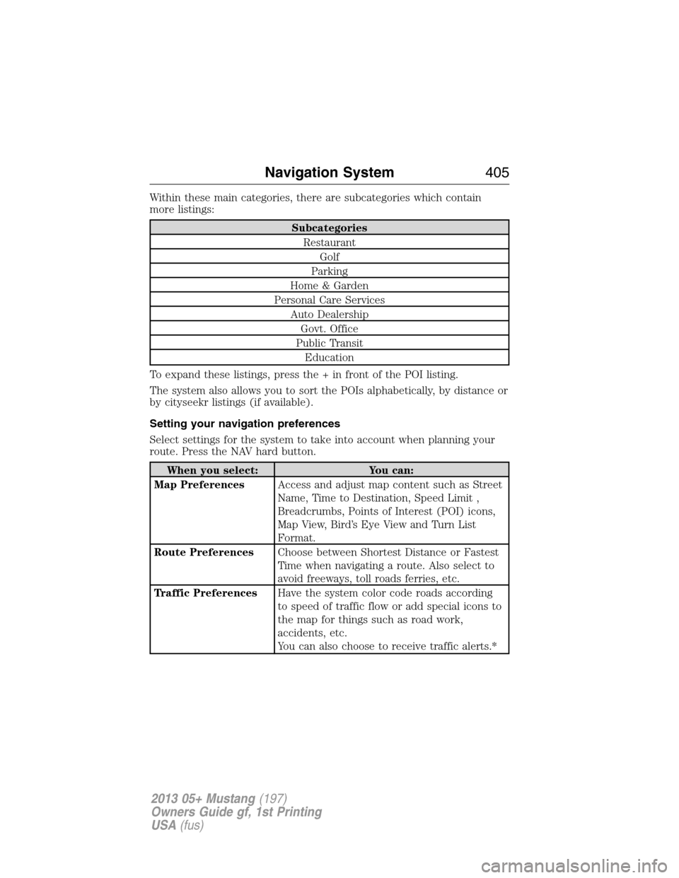 FORD MUSTANG 2013 5.G Owners Manual Within these main categories, there are subcategories which contain
more listings:
Subcategories
Restaurant
Golf
Parking
Home & Garden
Personal Care Services
Auto Dealership
Govt. Office
Public Transi