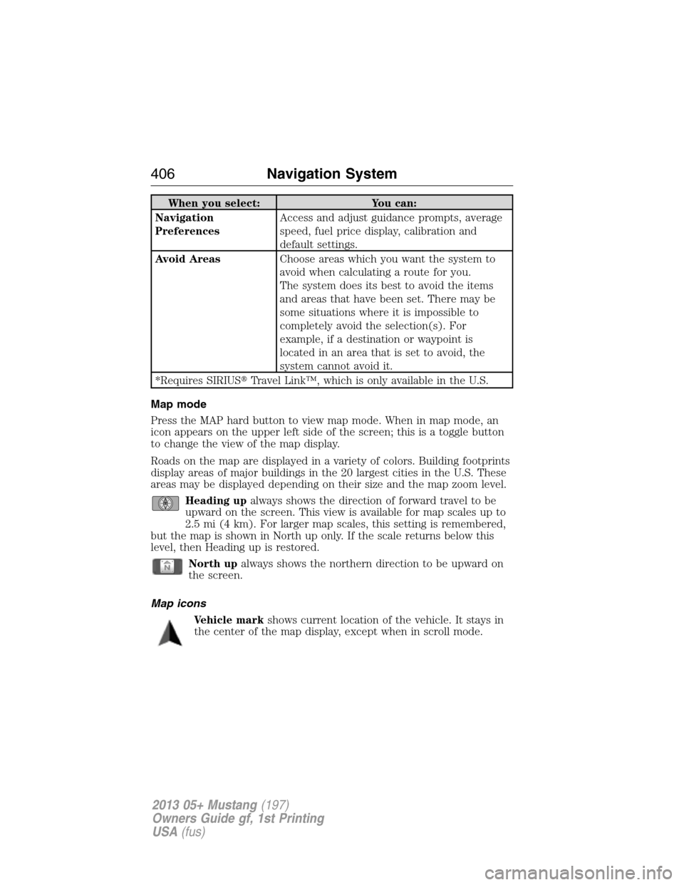 FORD MUSTANG 2013 5.G Owners Manual When you select: You can:
Navigation
PreferencesAccess and adjust guidance prompts, average
speed, fuel price display, calibration and
default settings.
Avoid AreasChoose areas which you want the syst