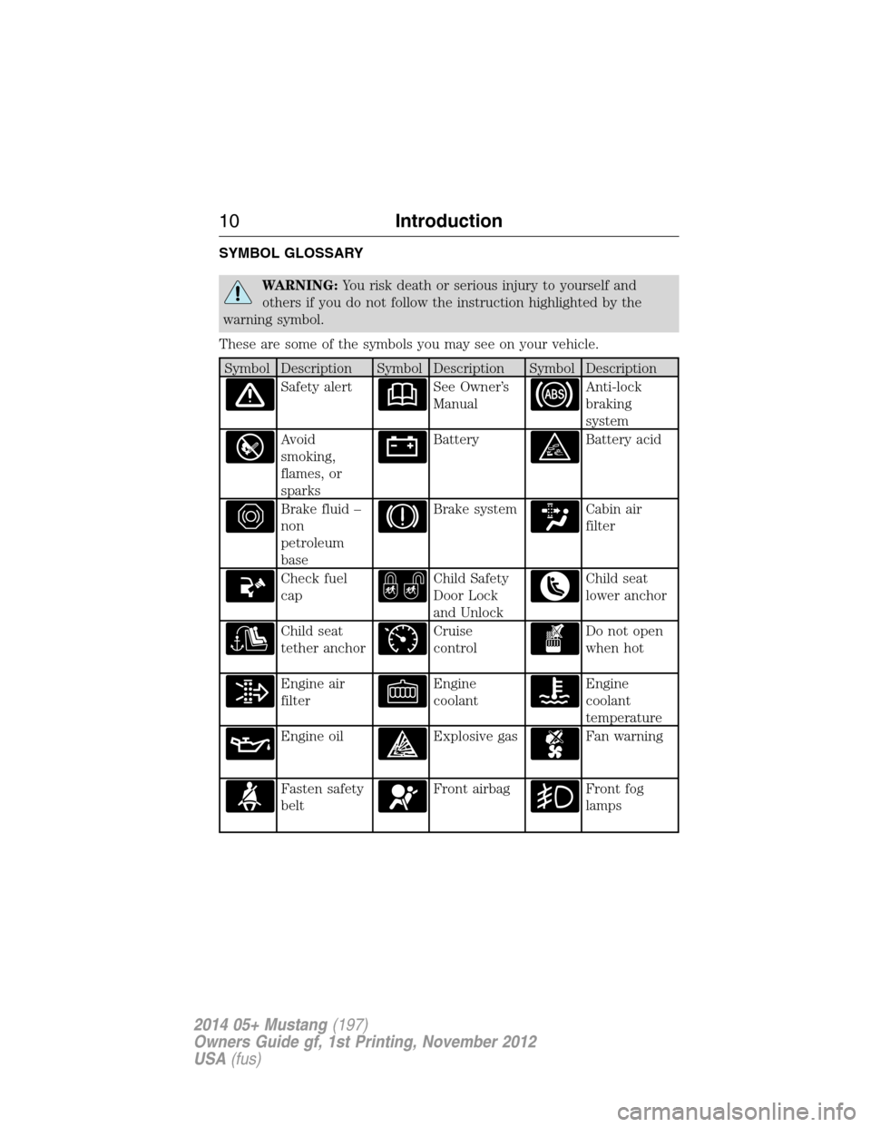 FORD MUSTANG 2014 5.G Owners Manual SYMBOL GLOSSARY
WARNING:You risk death or serious injury to yourself and
others if you do not follow the instruction highlighted by the
warning symbol.
These are some of the symbols you may see on you