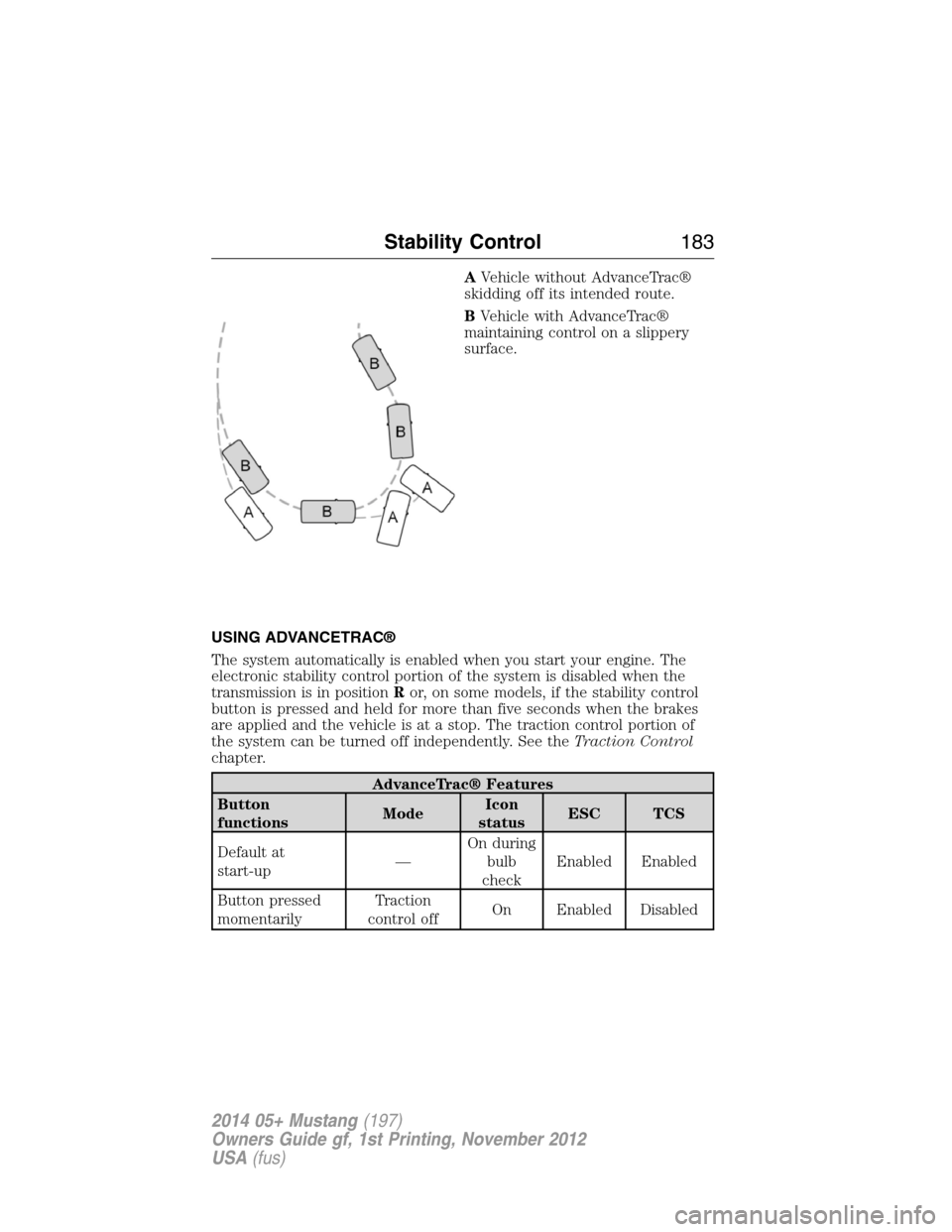 FORD MUSTANG 2014 5.G User Guide AVehicle without AdvanceTrac®
skidding off its intended route.
BVehicle with AdvanceTrac®
maintaining control on a slippery
surface.
USING ADVANCETRAC®
The system automatically is enabled when you 