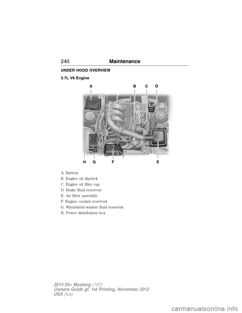 FORD MUSTANG 2014 5.G Owners Manual UNDER HOOD OVERVIEW
3.7L V6 Engine
A. Battery
B. Engine oil dipstick
C. Engine oil filler cap
D. Brake fluid reservoir
E. Air filter assembly
F. Engine coolant reservoir
G. Windshield washer fluid res
