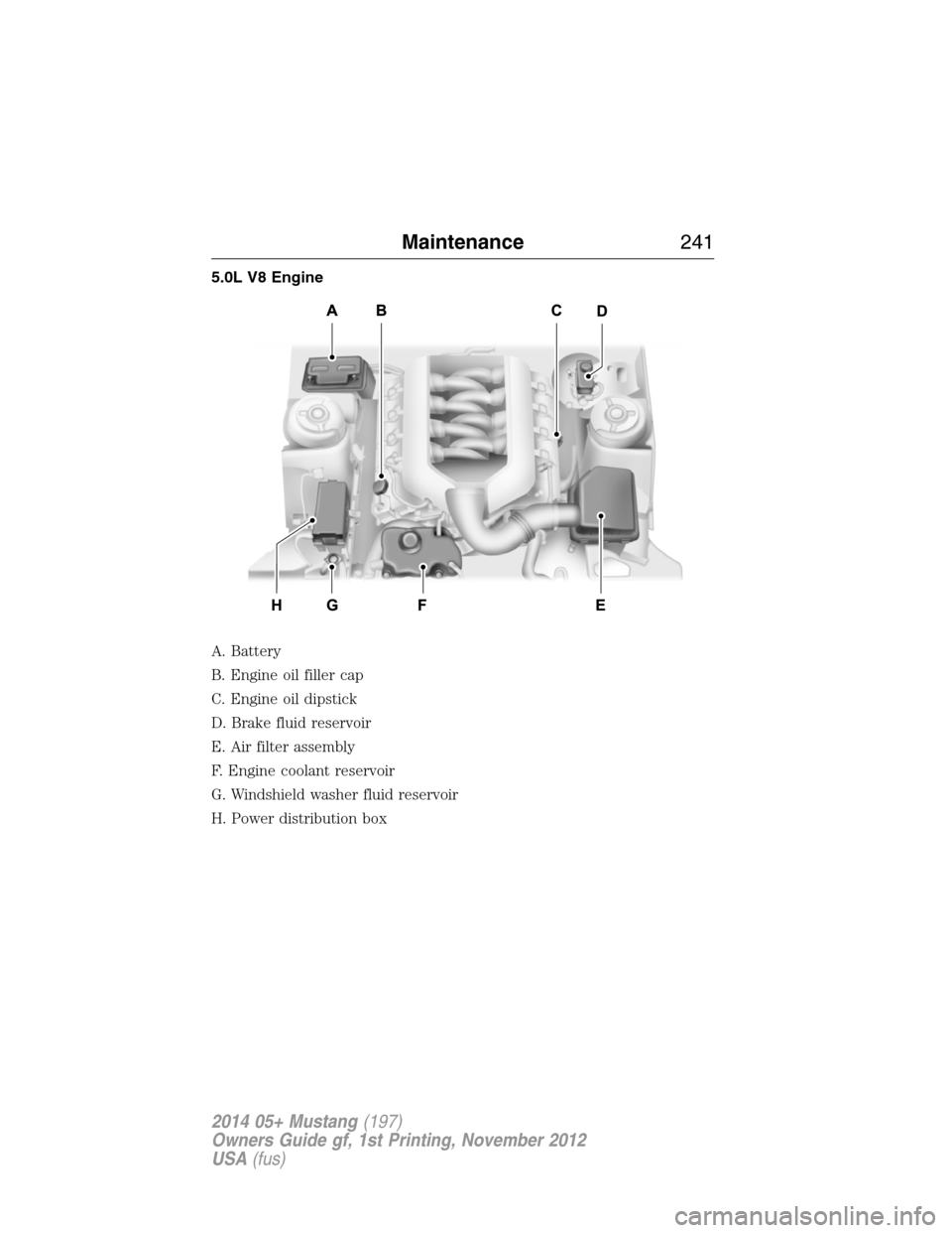 FORD MUSTANG 2014 5.G Owners Manual 5.0L V8 Engine
A. Battery
B. Engine oil filler cap
C. Engine oil dipstick
D. Brake fluid reservoir
E. Air filter assembly
F. Engine coolant reservoir
G. Windshield washer fluid reservoir
H. Power dist