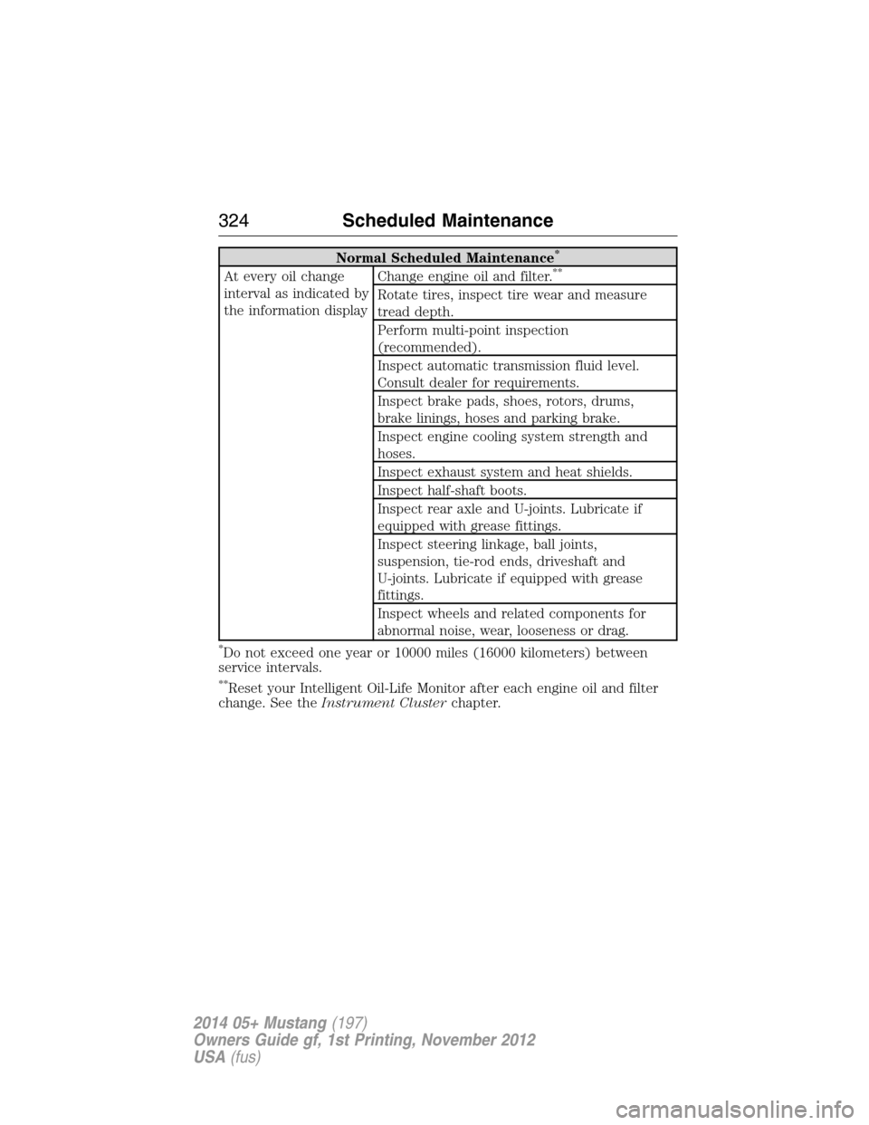 FORD MUSTANG 2014 5.G Owners Manual Normal Scheduled Maintenance*
At every oil change
interval as indicated by
the information displayChange engine oil and filter.**
Rotate tires, inspect tire wear and measure
tread depth.
Perform multi