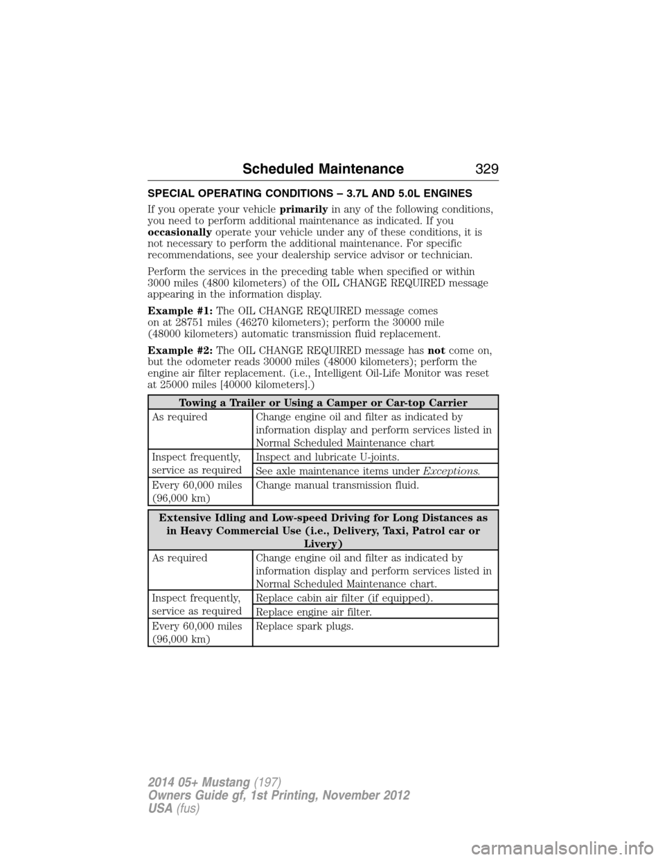 FORD MUSTANG 2014 5.G Owners Manual SPECIAL OPERATING CONDITIONS – 3.7L AND 5.0L ENGINES
If you operate your vehicleprimarilyin any of the following conditions,
you need to perform additional maintenance as indicated. If you
occasiona