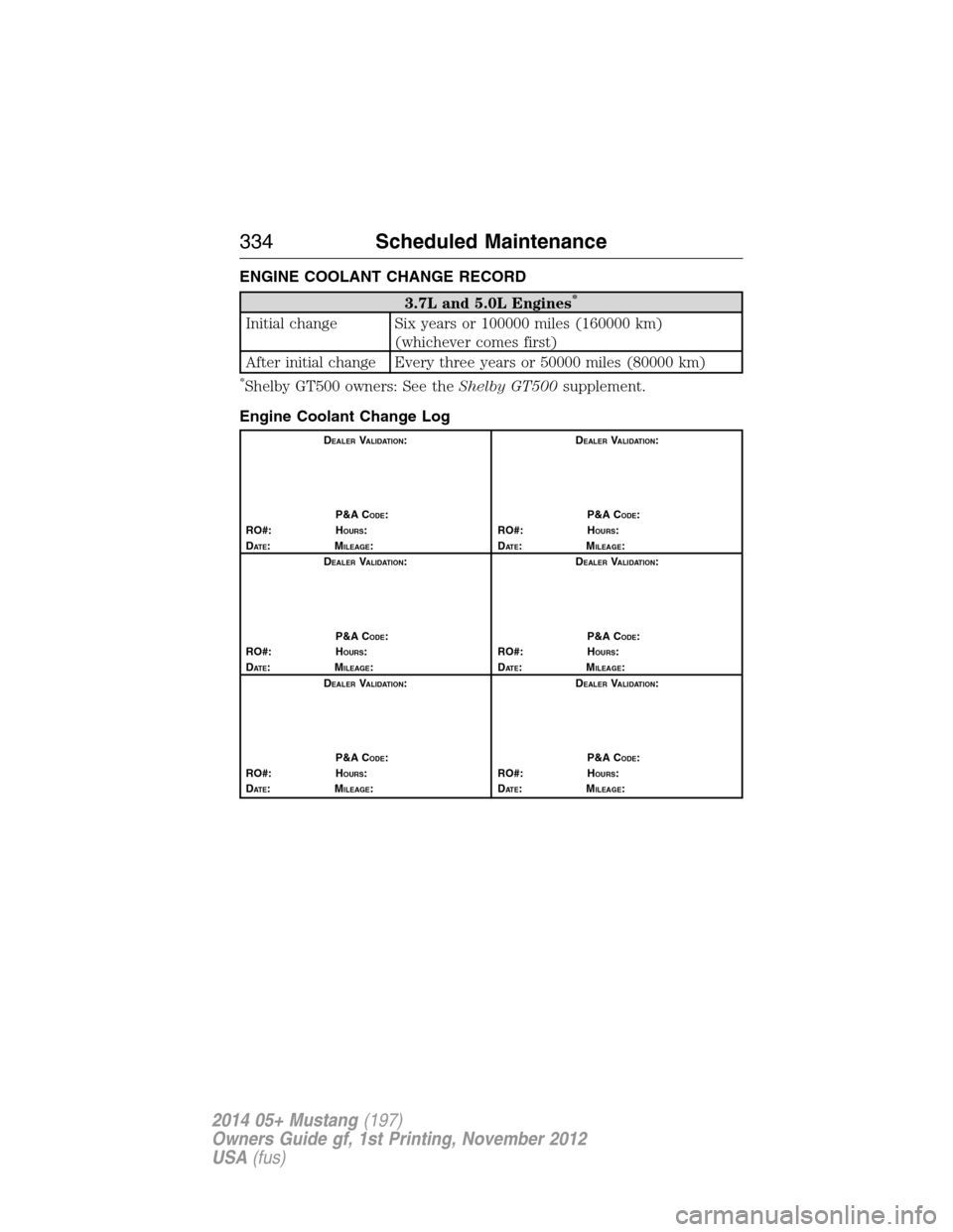 FORD MUSTANG 2014 5.G Owners Manual ENGINE COOLANT CHANGE RECORD
3.7L and 5.0L Engines*
Initial change Six years or 100000 miles (160000 km)
(whichever comes first)
After initial change Every three years or 50000 miles (80000 km)
*Shelb