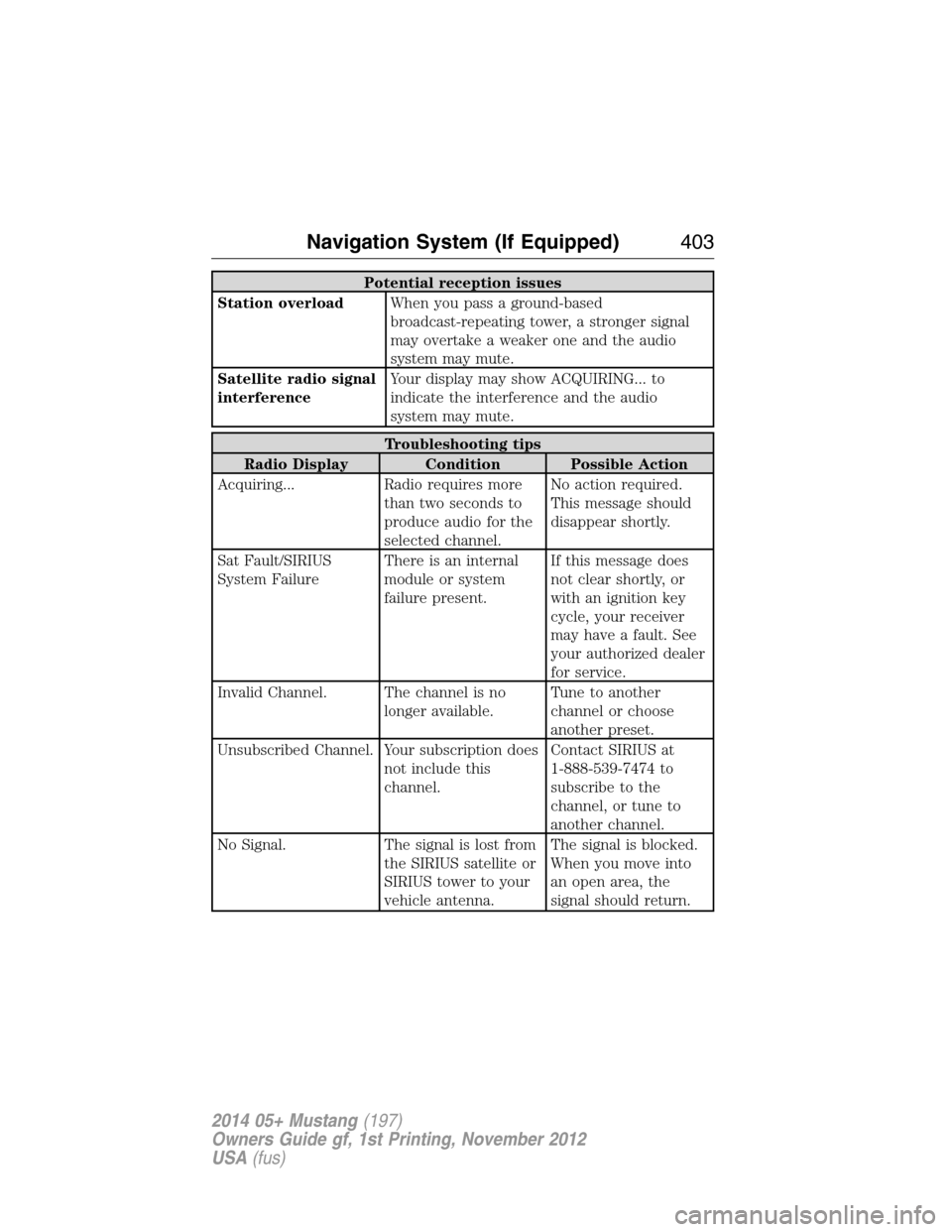 FORD MUSTANG 2014 5.G Owners Manual Potential reception issues
Station overloadWhen you pass a ground-based
broadcast-repeating tower, a stronger signal
may overtake a weaker one and the audio
system may mute.
Satellite radio signal
int