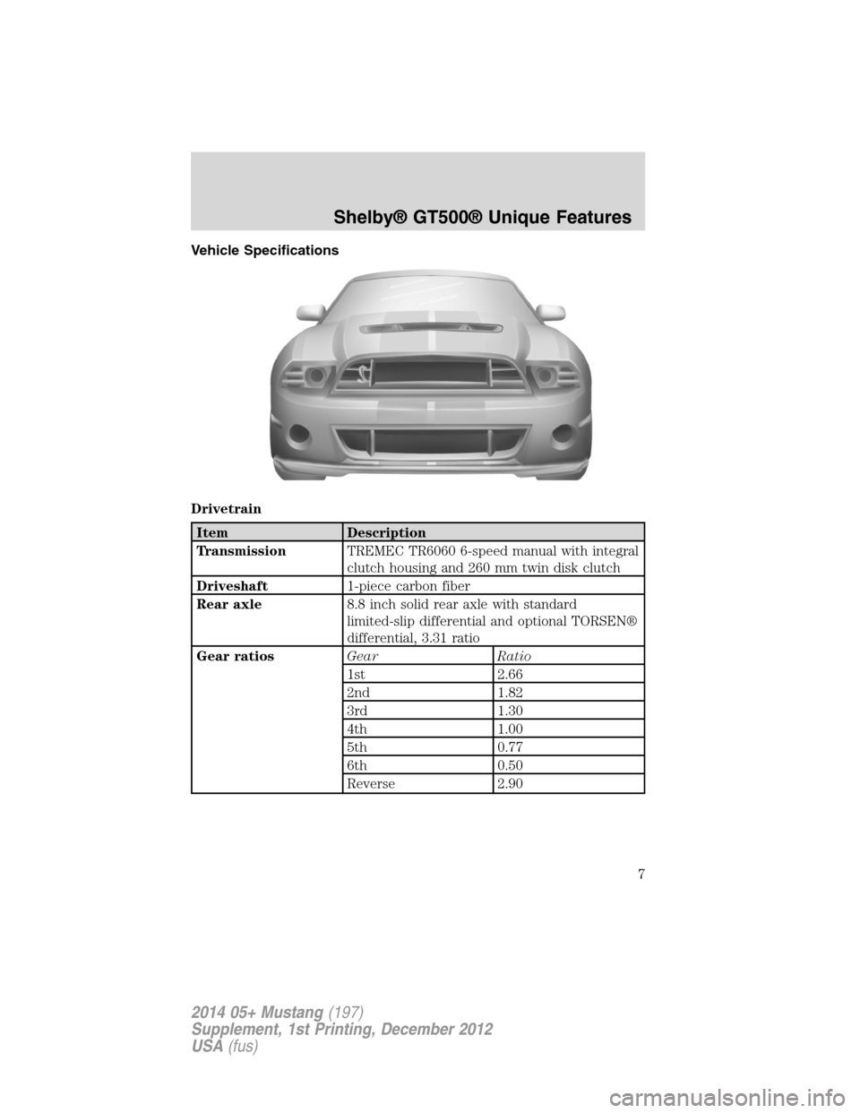 FORD MUSTANG 2014 5.G Shelby GT500 Supplement Manual Vehicle Specifications
Drivetrain
Item Description
TransmissionTREMEC TR6060 6-speed manual with integral
clutch housing and 260 mm twin disk clutch
Driveshaft1-piece carbon fiber
Rear axle8.8 inch so FORD MUSTANG 2014 5.G Shelby GT500 Supplement Manual Vehicle Specifications
Drivetrain
Item Description
TransmissionTREMEC TR6060 6-speed manual with integral
clutch housing and 260 mm twin disk clutch
Driveshaft1-piece carbon fiber
Rear axle8.8 inch so
