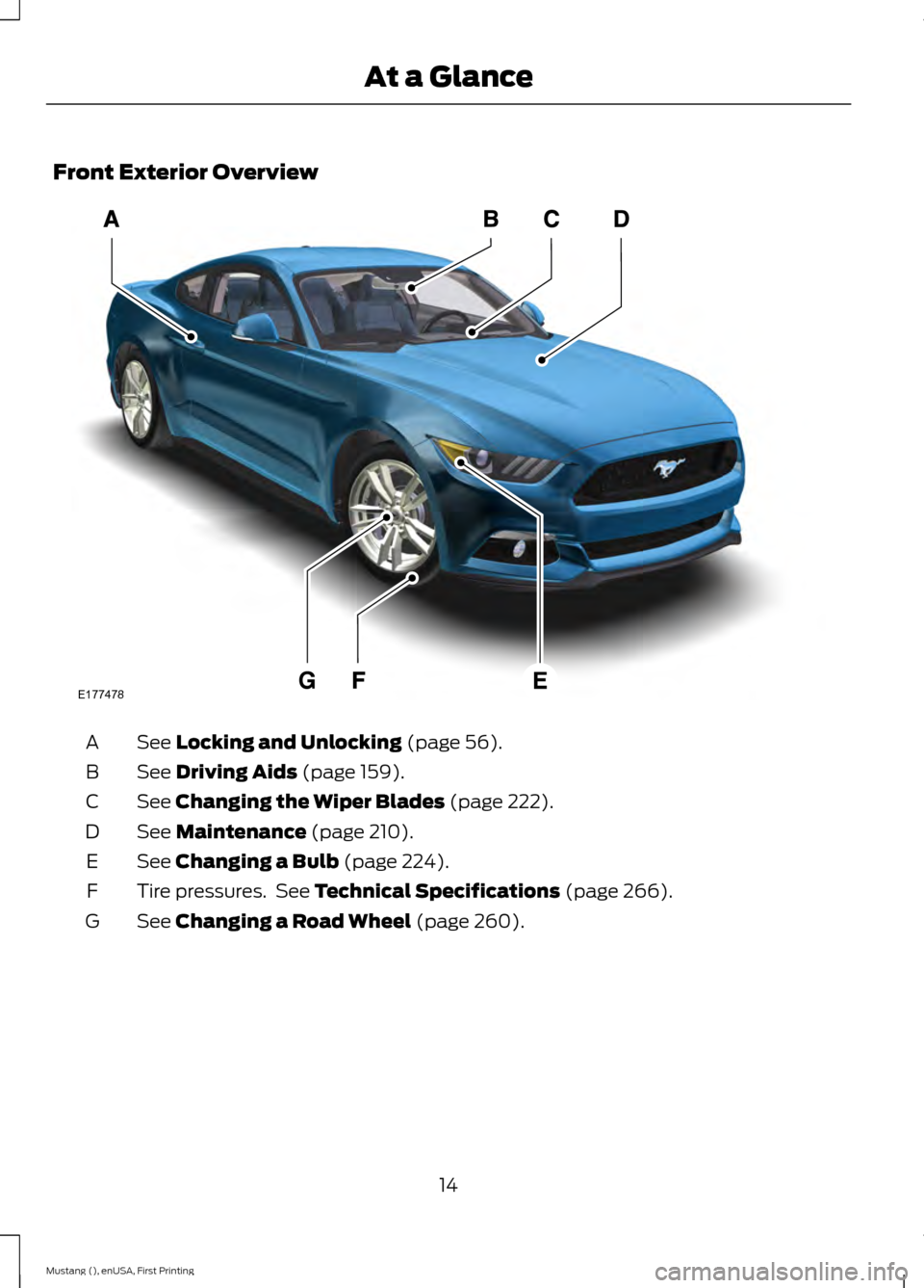 FORD MUSTANG 2015 6.G User Guide Front Exterior Overview
See Locking and Unlocking (page 56).
A
See
Driving Aids (page 159).
B
See
Changing the Wiper Blades (page 222).
C
See
Maintenance (page 210).
D
See
Changing a Bulb (page 22 FORD MUSTANG 2015 6.G User Guide Front Exterior Overview
See Locking and Unlocking (page 56).
A
See
Driving Aids (page 159).
B
See
Changing the Wiper Blades (page 222).
C
See
Maintenance (page 210).
D
See
Changing a Bulb (page 22