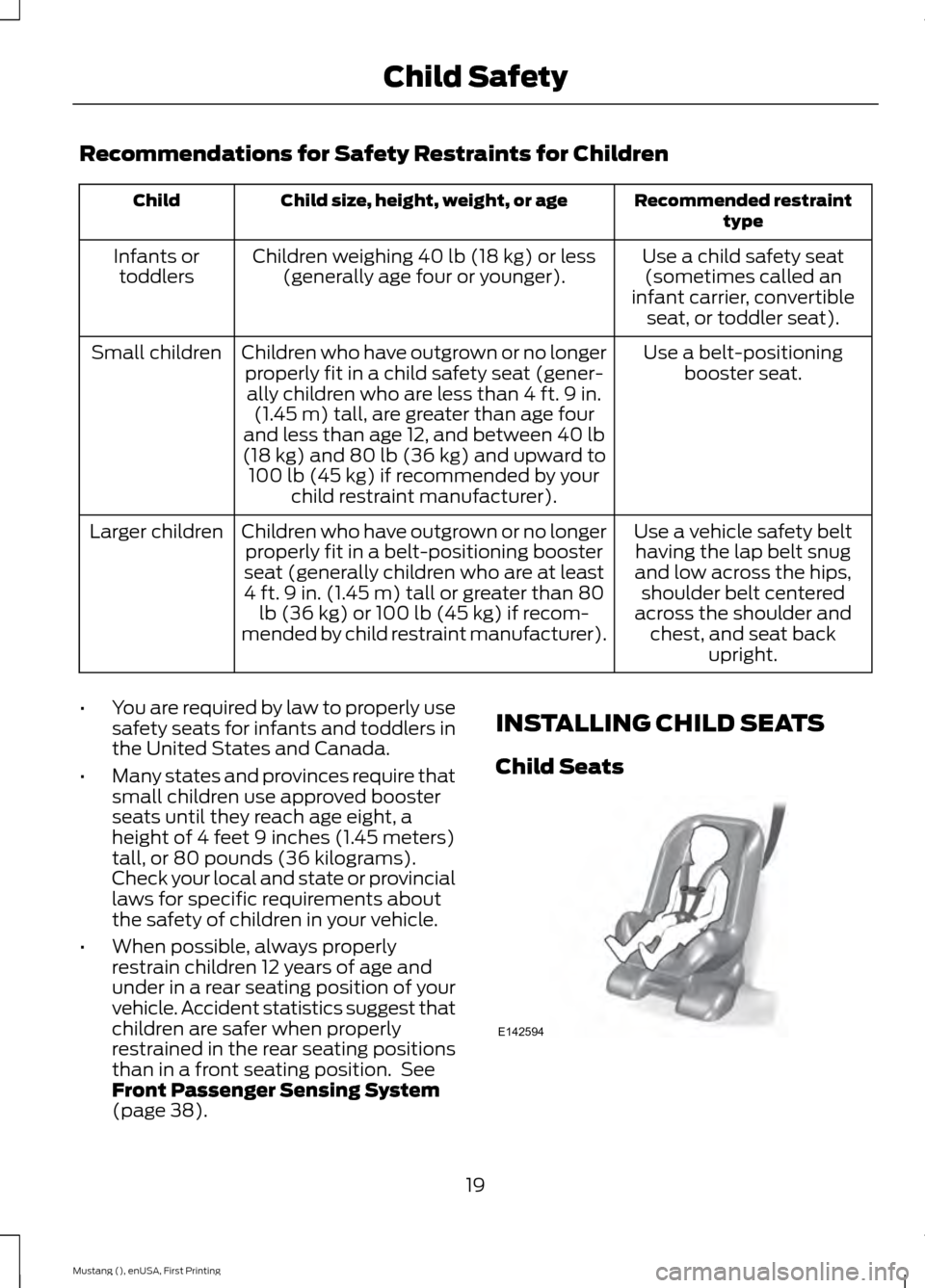 FORD MUSTANG 2015 6.G Owners Manual Recommendations for Safety Restraints for Children
Recommended restraint
type
Child size, height, weight, or age
Child
Use a child safety seat(sometimes called an
infant carrier, convertible seat, or 