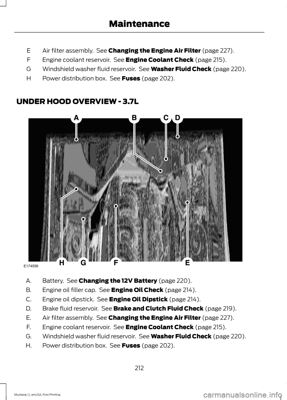 FORD MUSTANG 2015 6.G Owners Manual Air filter assembly.  See Changing the Engine Air Filter (page 227).
E
Engine coolant reservoir.  See 
Engine Coolant Check (page 215).
F
Windshield washer fluid reservoir.  See 
Washer Fluid Check (p