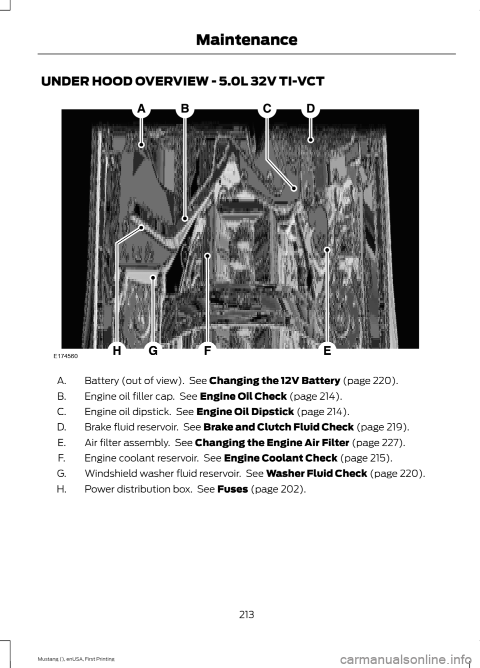 FORD MUSTANG 2015 6.G Owners Manual UNDER HOOD OVERVIEW - 5.0L 32V TI-VCT
Battery (out of view).  See Changing the 12V Battery (page 220).
A.
Engine oil filler cap.  See 
Engine Oil Check (page 214).
B.
Engine oil dipstick.  See 
Engine