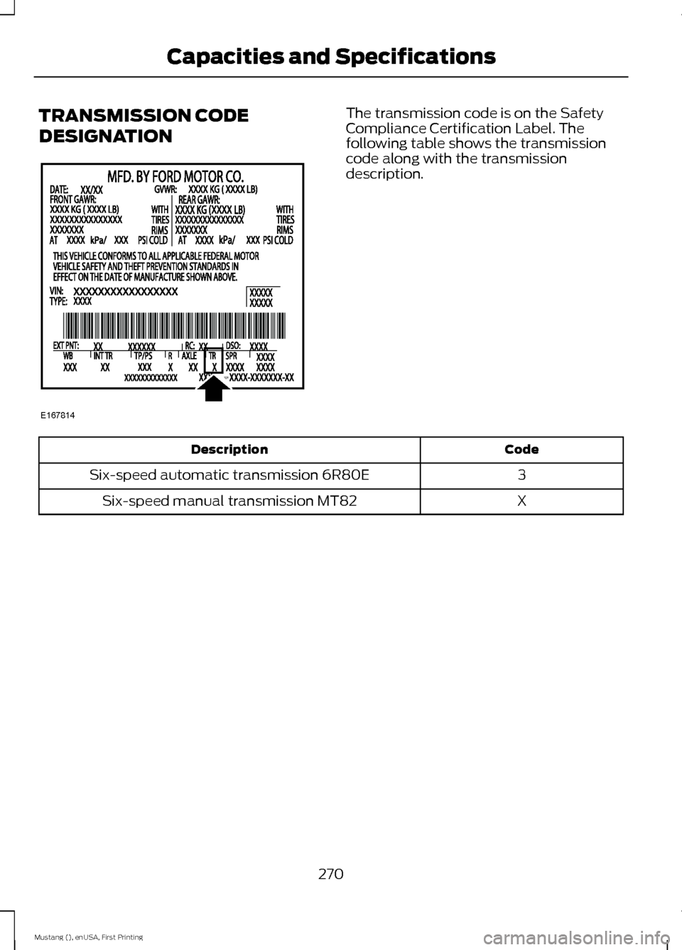 FORD MUSTANG 2015 6.G Owners Manual TRANSMISSION CODE
DESIGNATION The transmission code is on the Safety
Compliance Certification Label. The
following table shows the transmission
code along with the transmission
description.
Code
Descr FORD MUSTANG 2015 6.G Owners Manual TRANSMISSION CODE
DESIGNATION The transmission code is on the Safety
Compliance Certification Label. The
following table shows the transmission
code along with the transmission
description.
Code
Descr