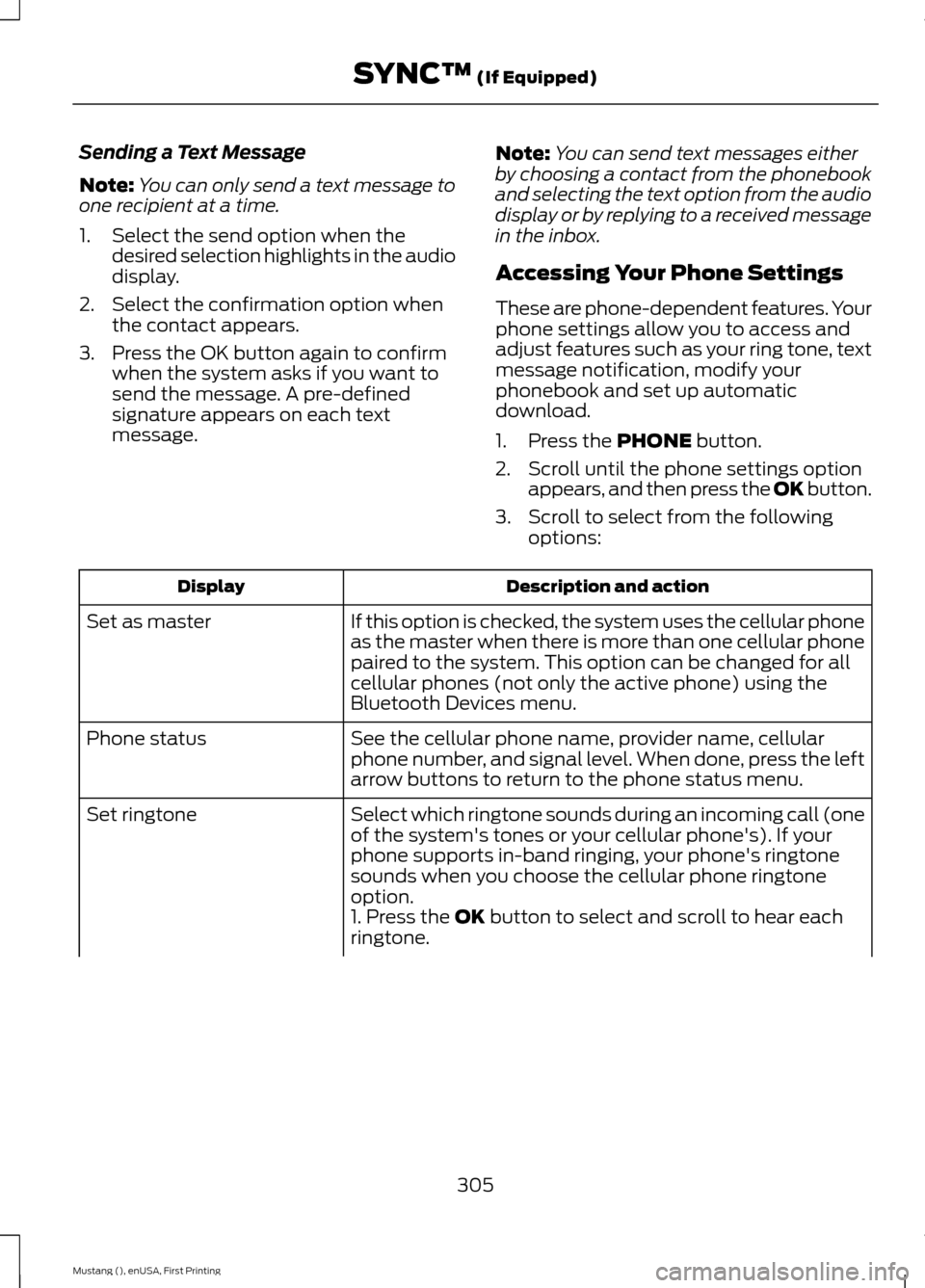 FORD MUSTANG 2015 6.G Owners Manual Sending a Text Message
Note:
You can only send a text message to
one recipient at a time.
1. Select the send option when the desired selection highlights in the audio
display.
2. Select the confirmati