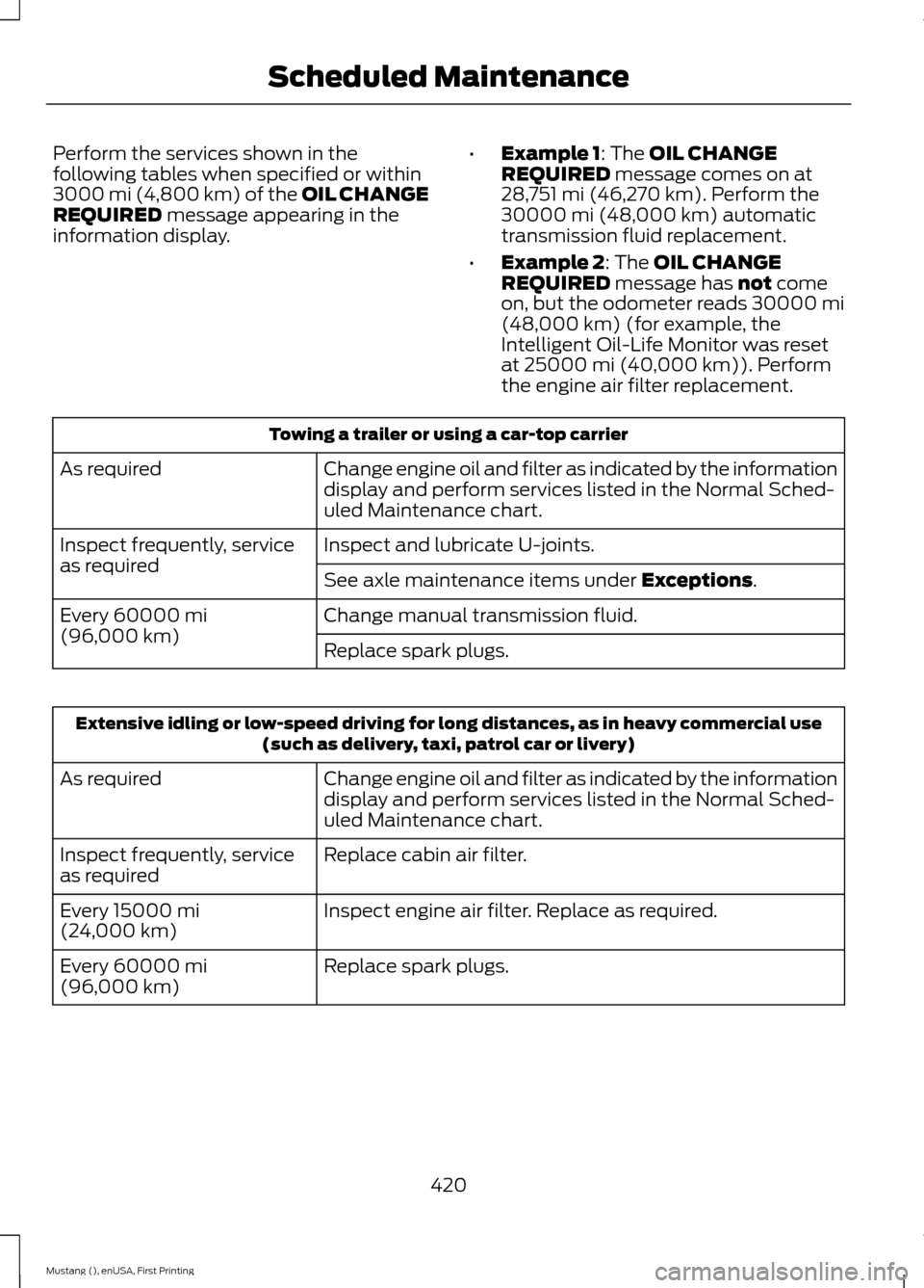 FORD MUSTANG 2015 6.G Owners Manual Perform the services shown in the
following tables when specified or within
3000 mi (4,800 km) of the OIL CHANGE
REQUIRED message appearing in the
information display. •
Example 1
: The OIL CHANGE
R