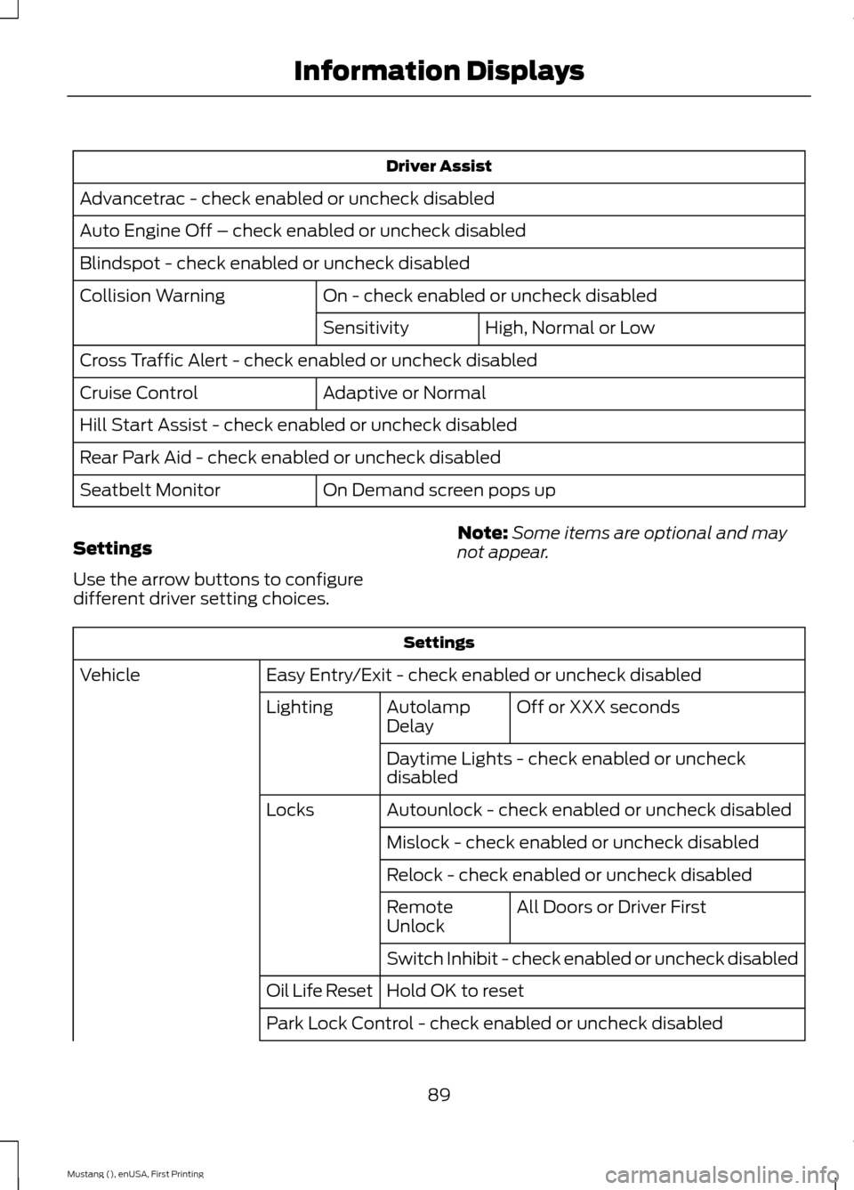 FORD MUSTANG 2015 6.G Owners Manual Driver Assist
Advancetrac - check enabled or uncheck disabled
Auto Engine Off – check enabled or uncheck disabled
Blindspot - check enabled or uncheck disabled On - check enabled or uncheck disabled FORD MUSTANG 2015 6.G Owners Manual Driver Assist
Advancetrac - check enabled or uncheck disabled
Auto Engine Off – check enabled or uncheck disabled
Blindspot - check enabled or uncheck disabled On - check enabled or uncheck disabled