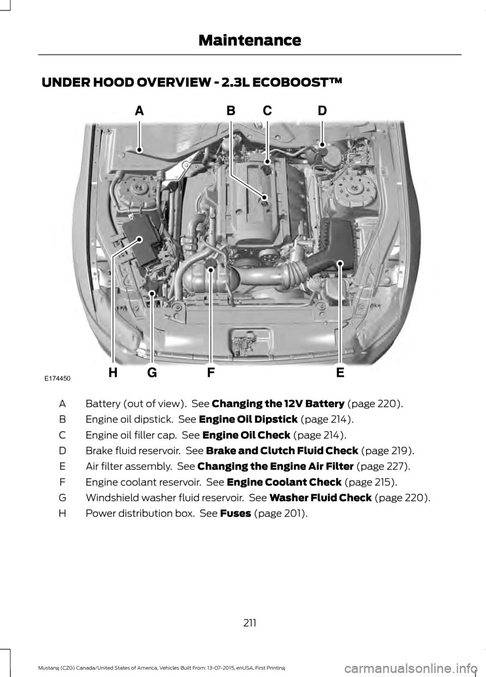FORD MUSTANG 2016 6.G Owners Guide UNDER HOOD OVERVIEW - 2.3L ECOBOOST™
Battery (out of view).  See Changing the 12V Battery (page 220).
A
Engine oil dipstick.  See 
Engine Oil Dipstick (page 214).
B
Engine oil filler cap.  See 
Engi