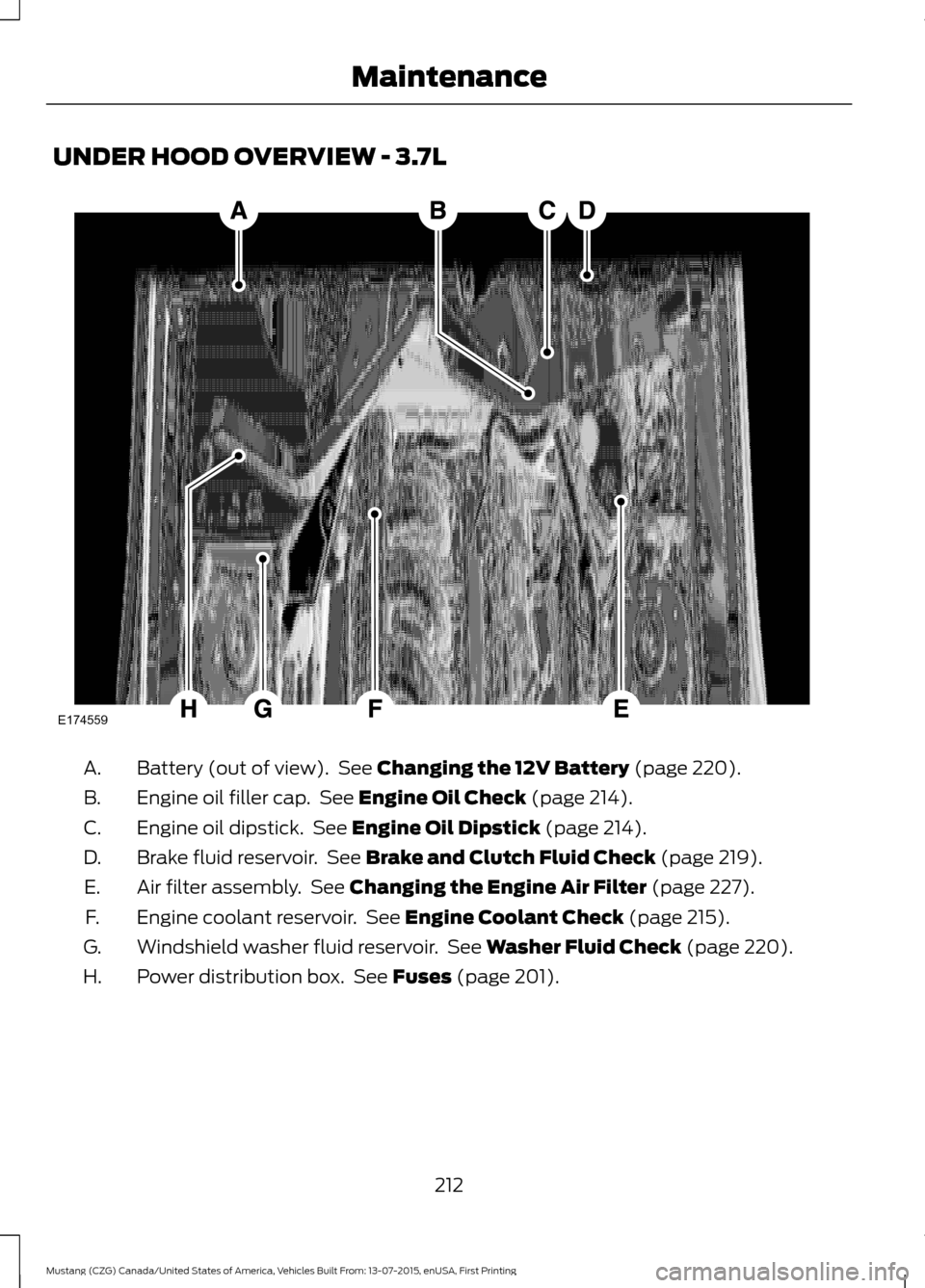 FORD MUSTANG 2016 6.G Owners Guide UNDER HOOD OVERVIEW - 3.7L
Battery (out of view).  See Changing the 12V Battery (page 220).
A.
Engine oil filler cap.  See 
Engine Oil Check (page 214).
B.
Engine oil dipstick.  See 
Engine Oil Dipsti