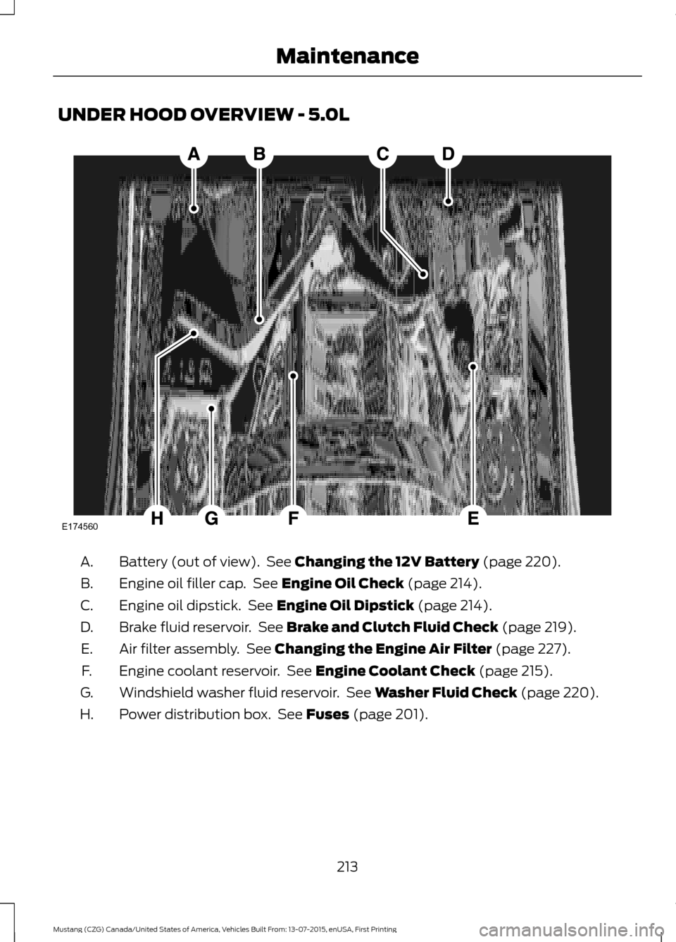 FORD MUSTANG 2016 6.G Owners Manual UNDER HOOD OVERVIEW - 5.0L
Battery (out of view).  See Changing the 12V Battery (page 220).
A.
Engine oil filler cap.  See 
Engine Oil Check (page 214).
B.
Engine oil dipstick.  See 
Engine Oil Dipsti