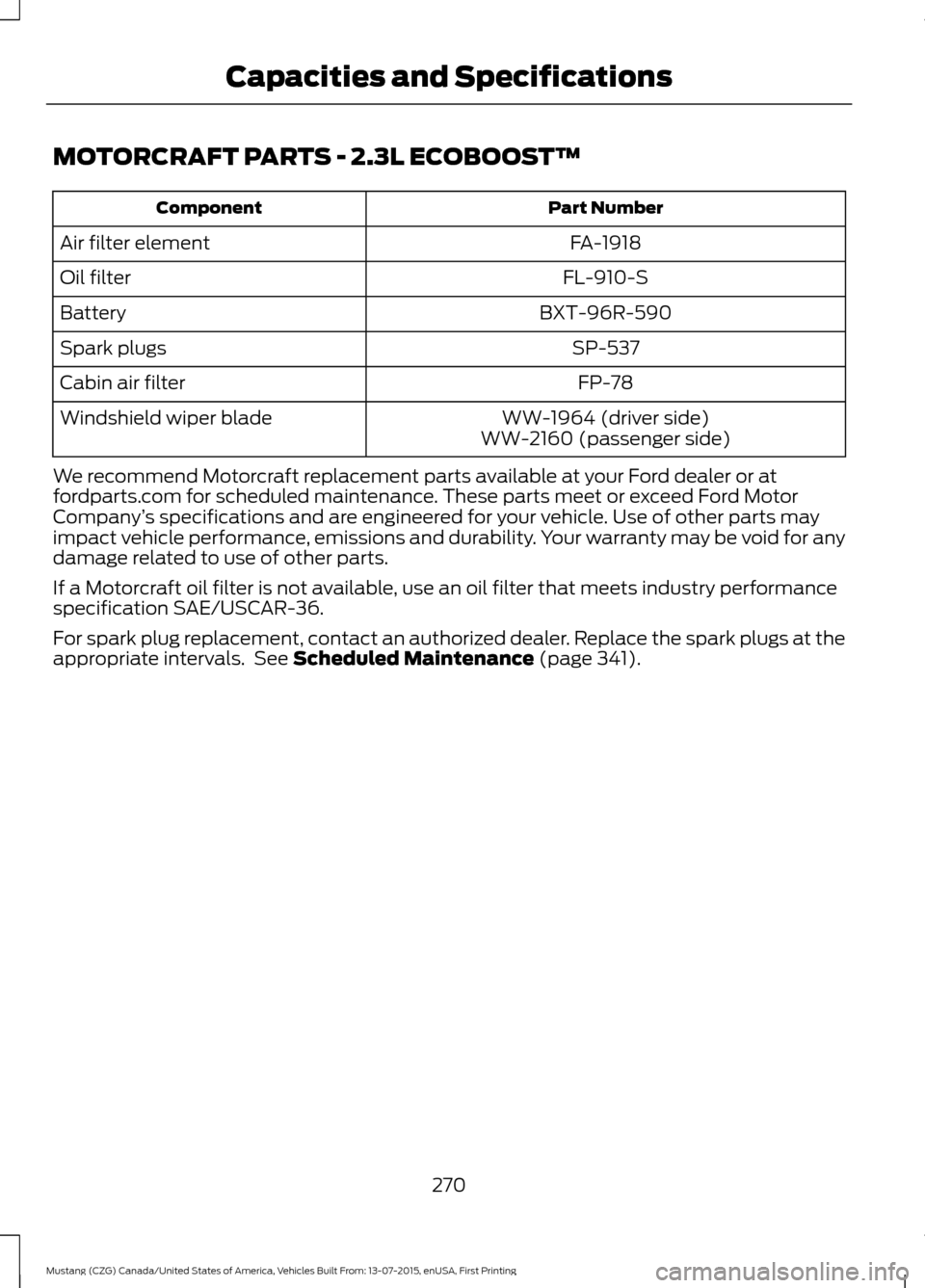 FORD MUSTANG 2016 6.G Owners Manual MOTORCRAFT PARTS - 2.3L ECOBOOST™
Part Number
Component
FA-1918
Air filter element
FL-910-S
Oil filter
BXT-96R-590
Battery
SP-537
Spark plugs
FP-78
Cabin air filter
WW-1964 (driver side)
Windshield 