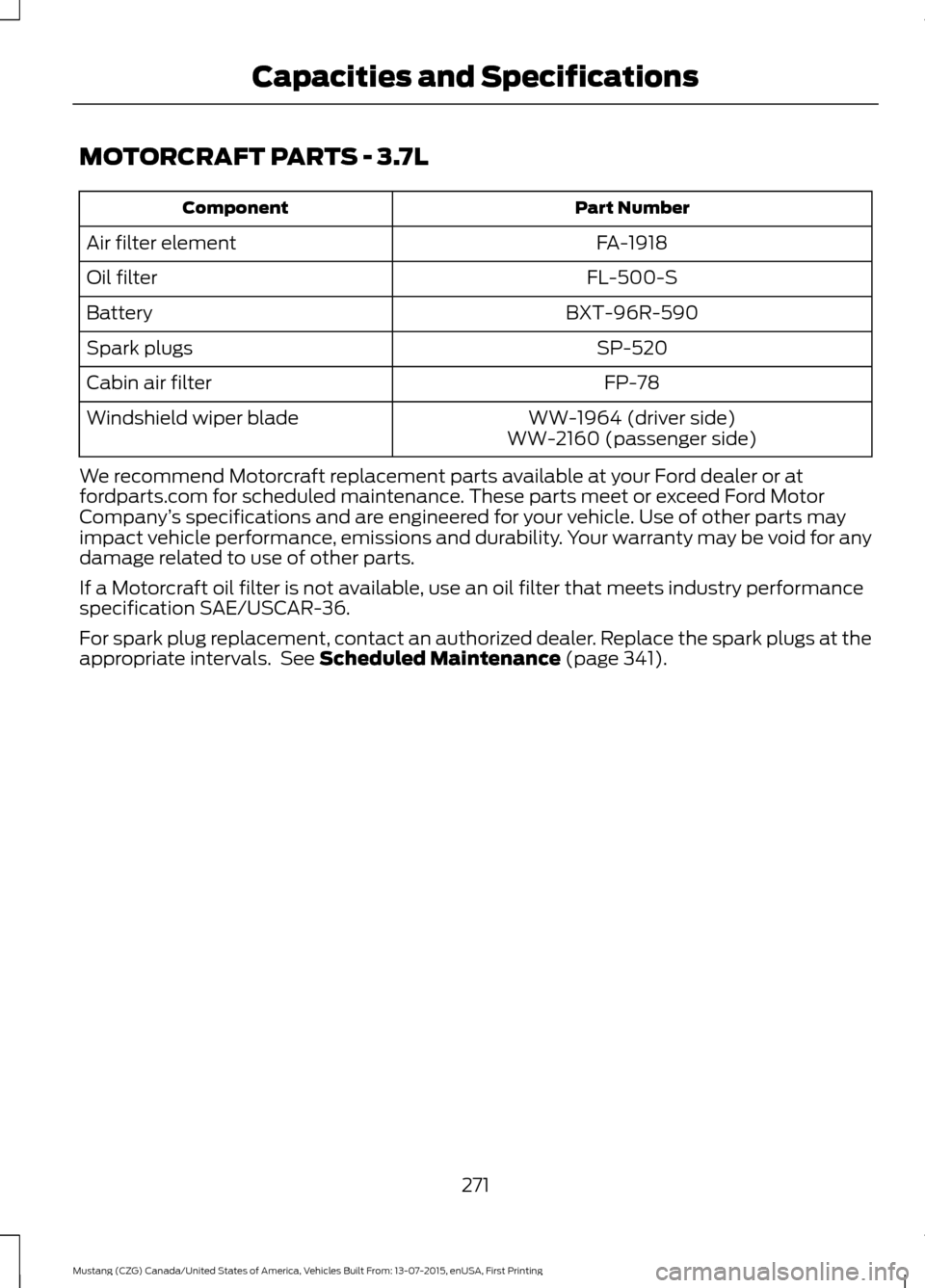 FORD MUSTANG 2016 6.G Owners Manual MOTORCRAFT PARTS - 3.7L
Part Number
Component
FA-1918
Air filter element
FL-500-S
Oil filter
BXT-96R-590
Battery
SP-520
Spark plugs
FP-78
Cabin air filter
WW-1964 (driver side)
Windshield wiper blade
